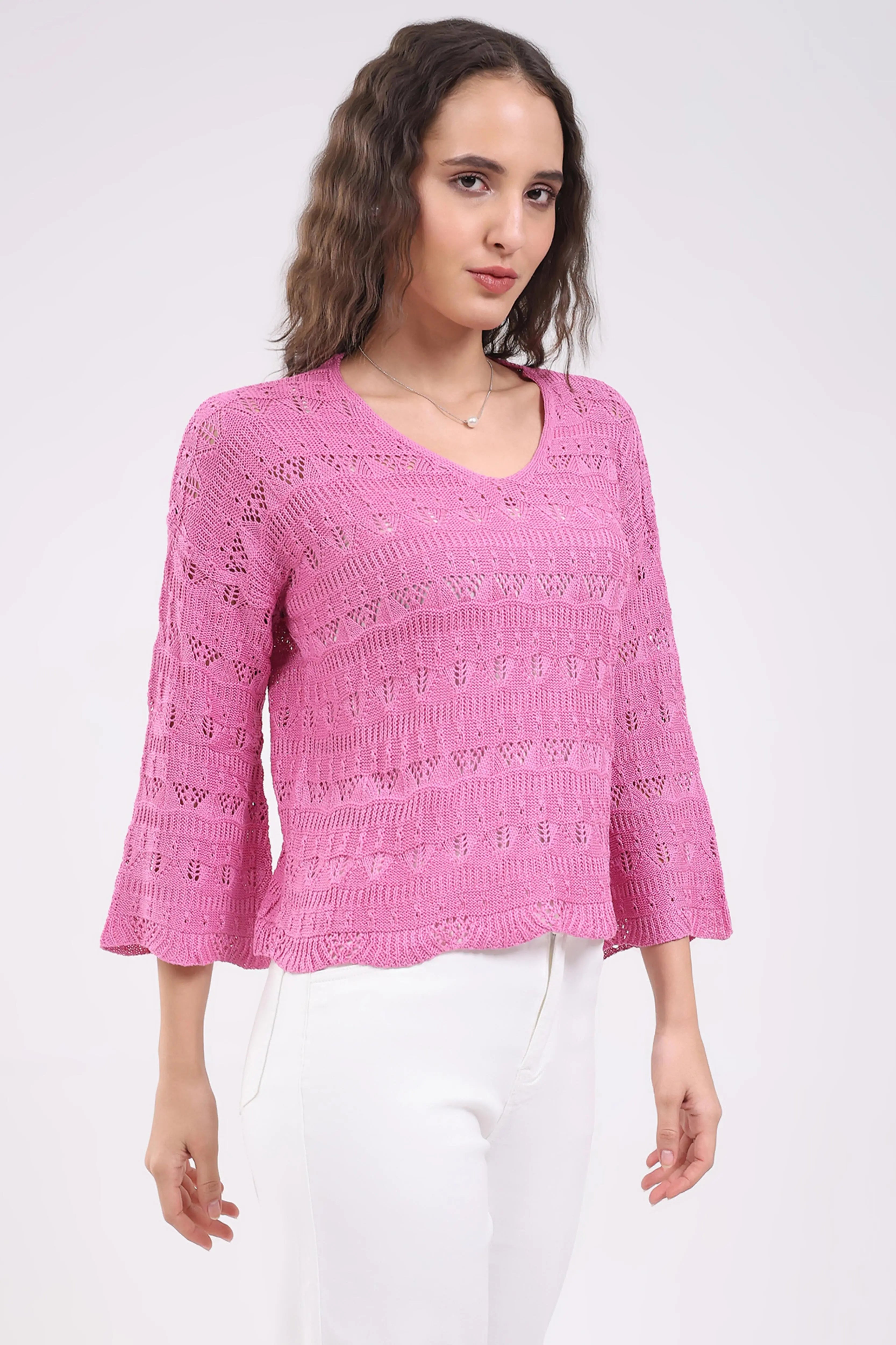Pink Crochet Bell Sleeve Top - Global Republic