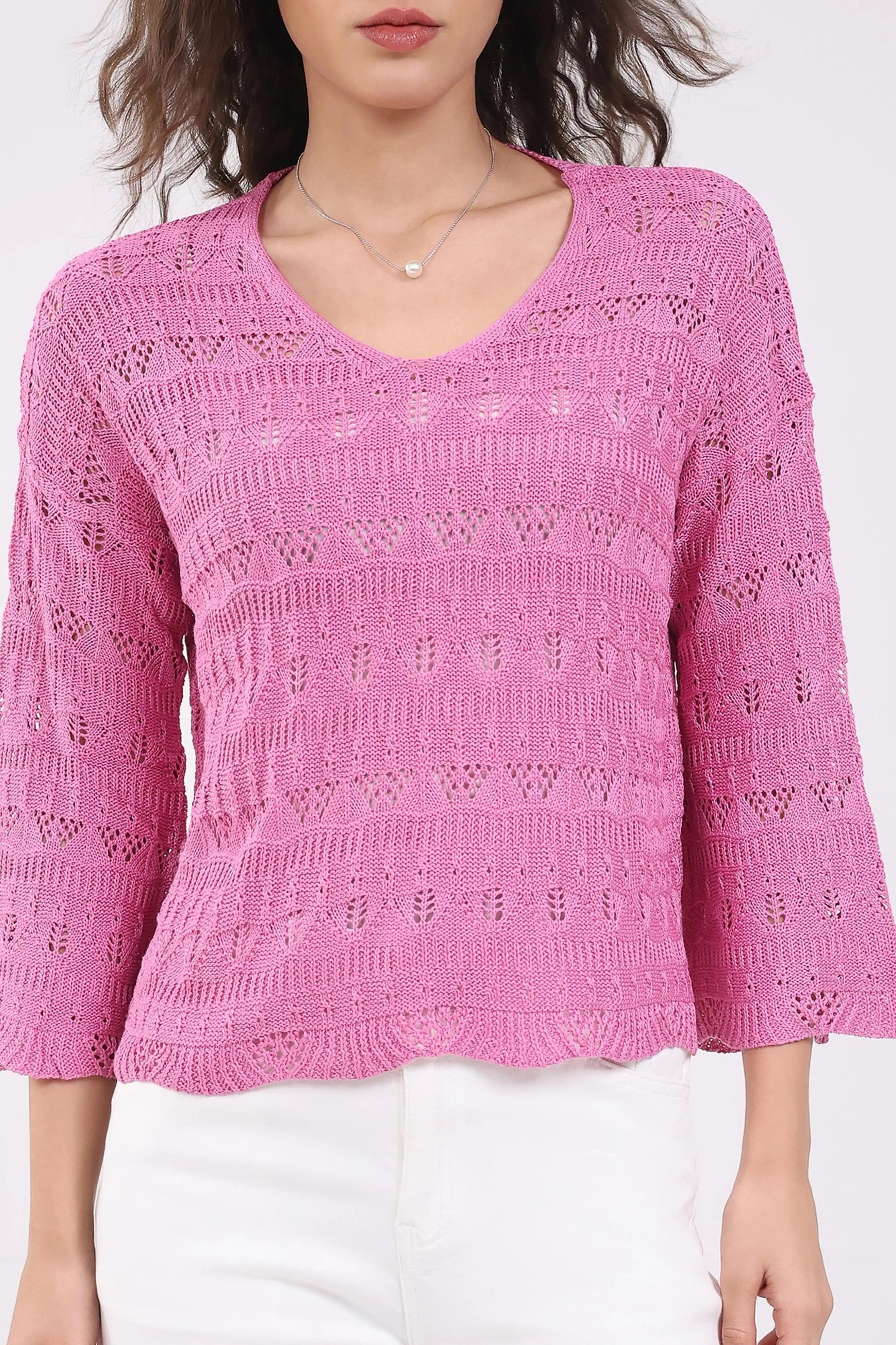 Pink Crochet Bell Sleeve Top - Global Republic