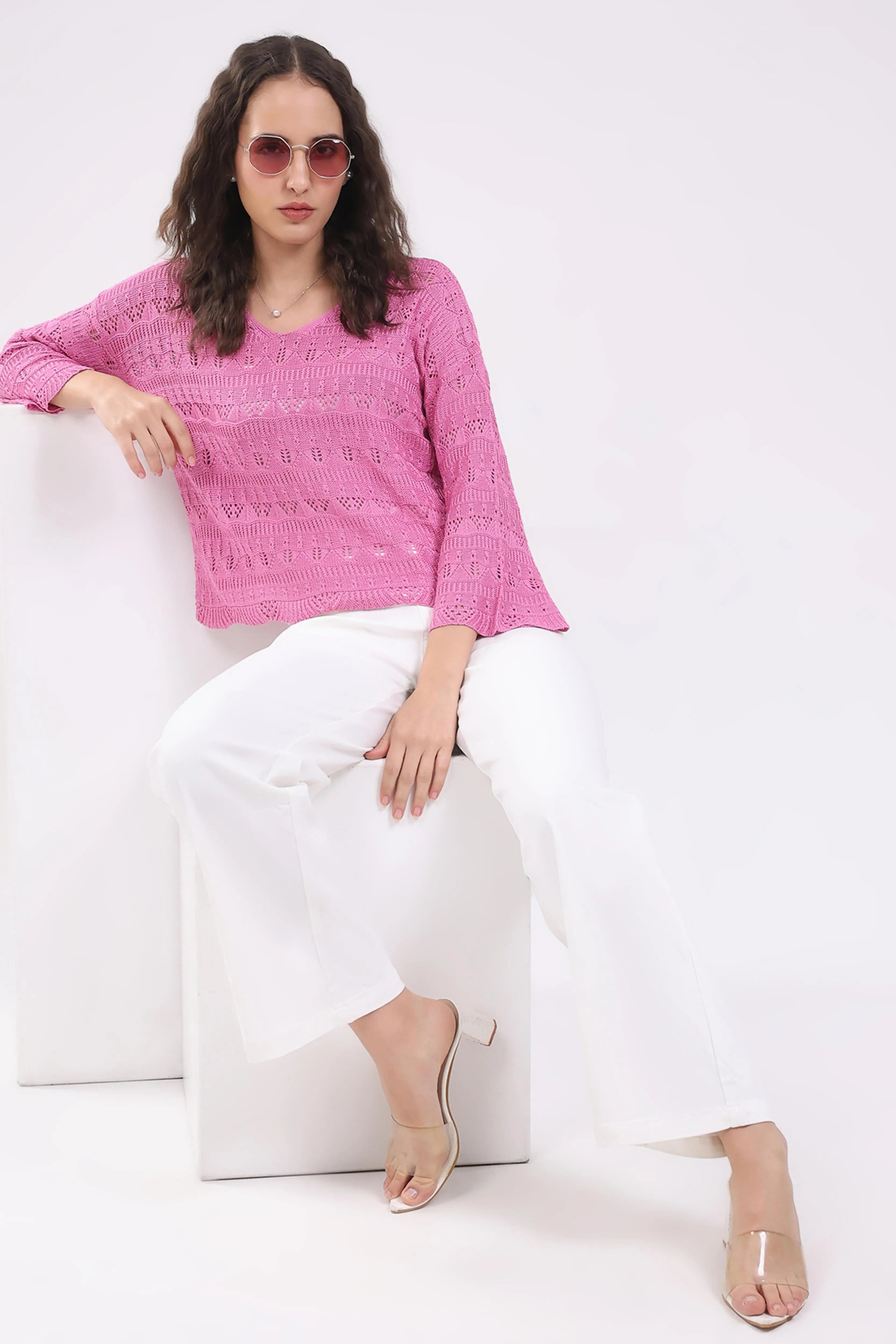 Pink Crochet Bell Sleeve Top - Global Republic
