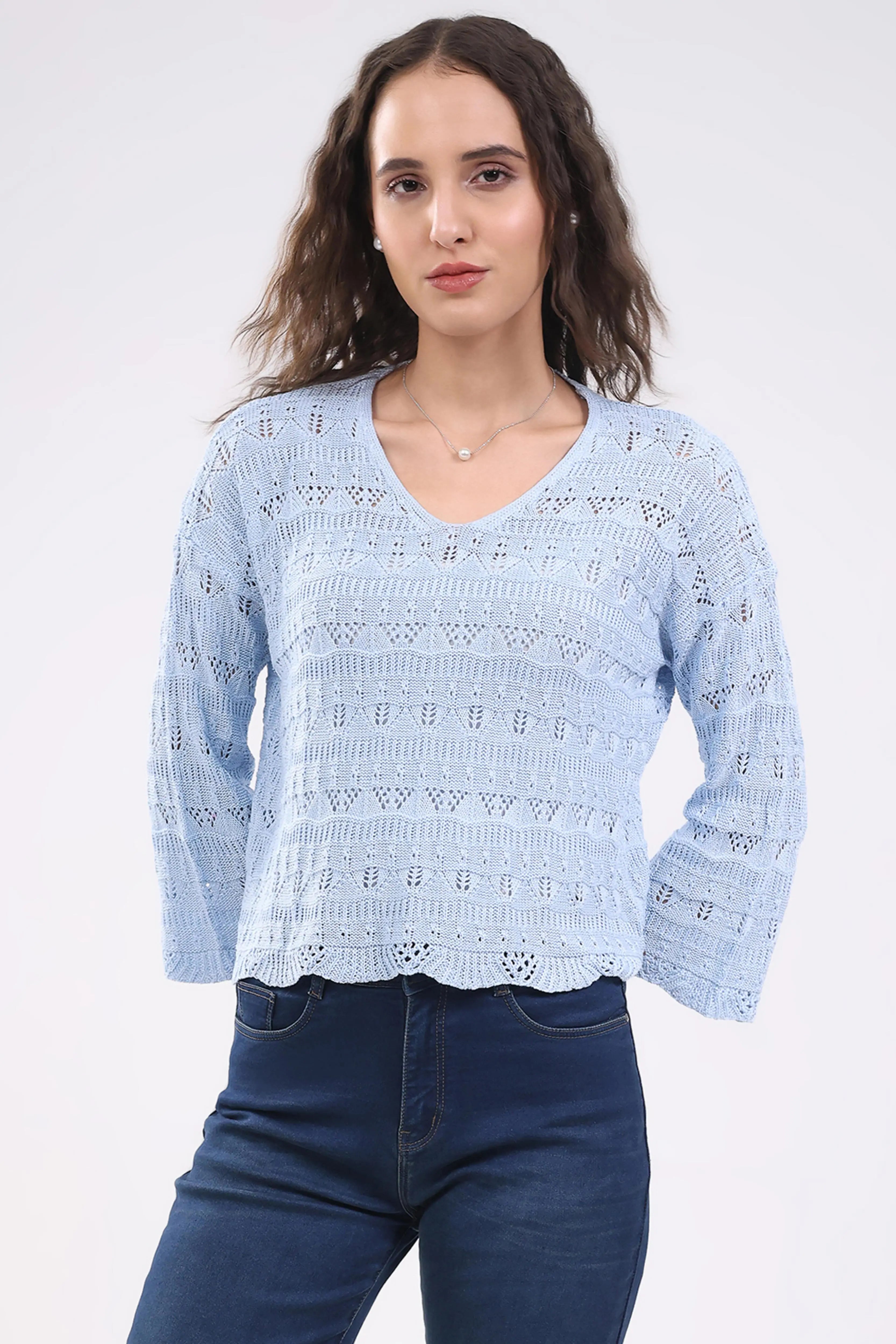 Blue Crochet Bell Sleeve Top - Global Republic