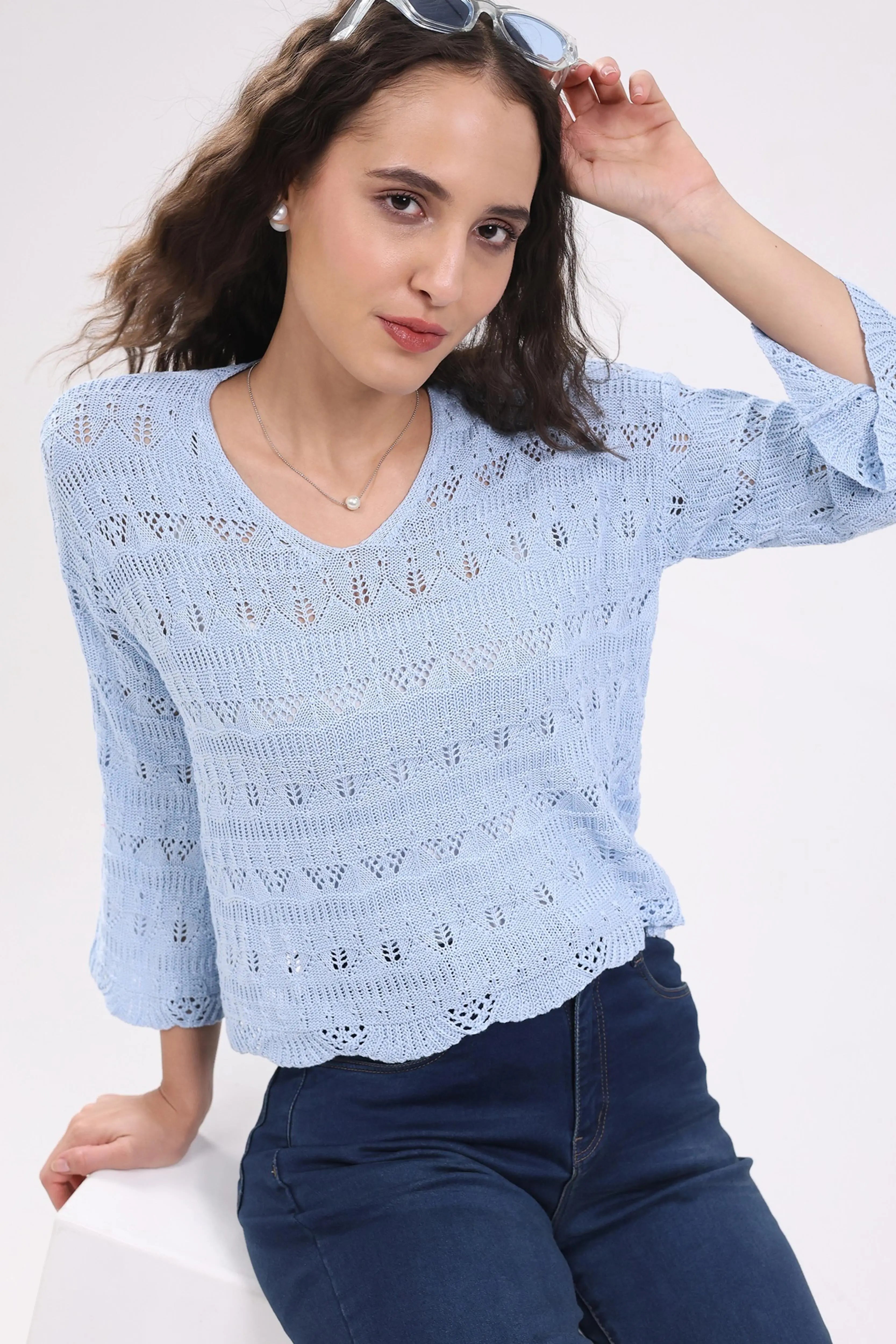 Blue Crochet Bell Sleeve Top - Global Republic