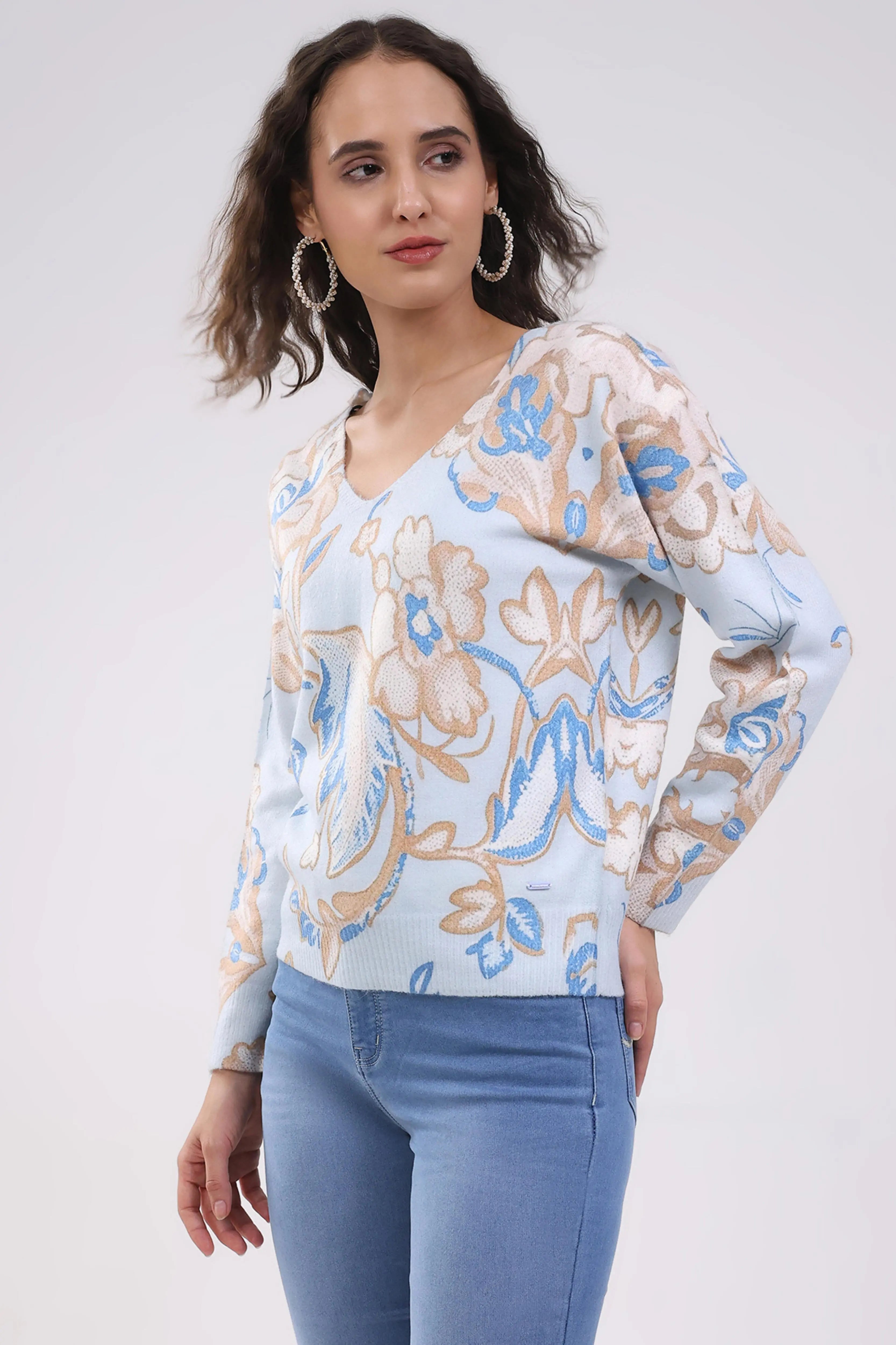 Sky Blue Floral Winter Pullover - Global Republic