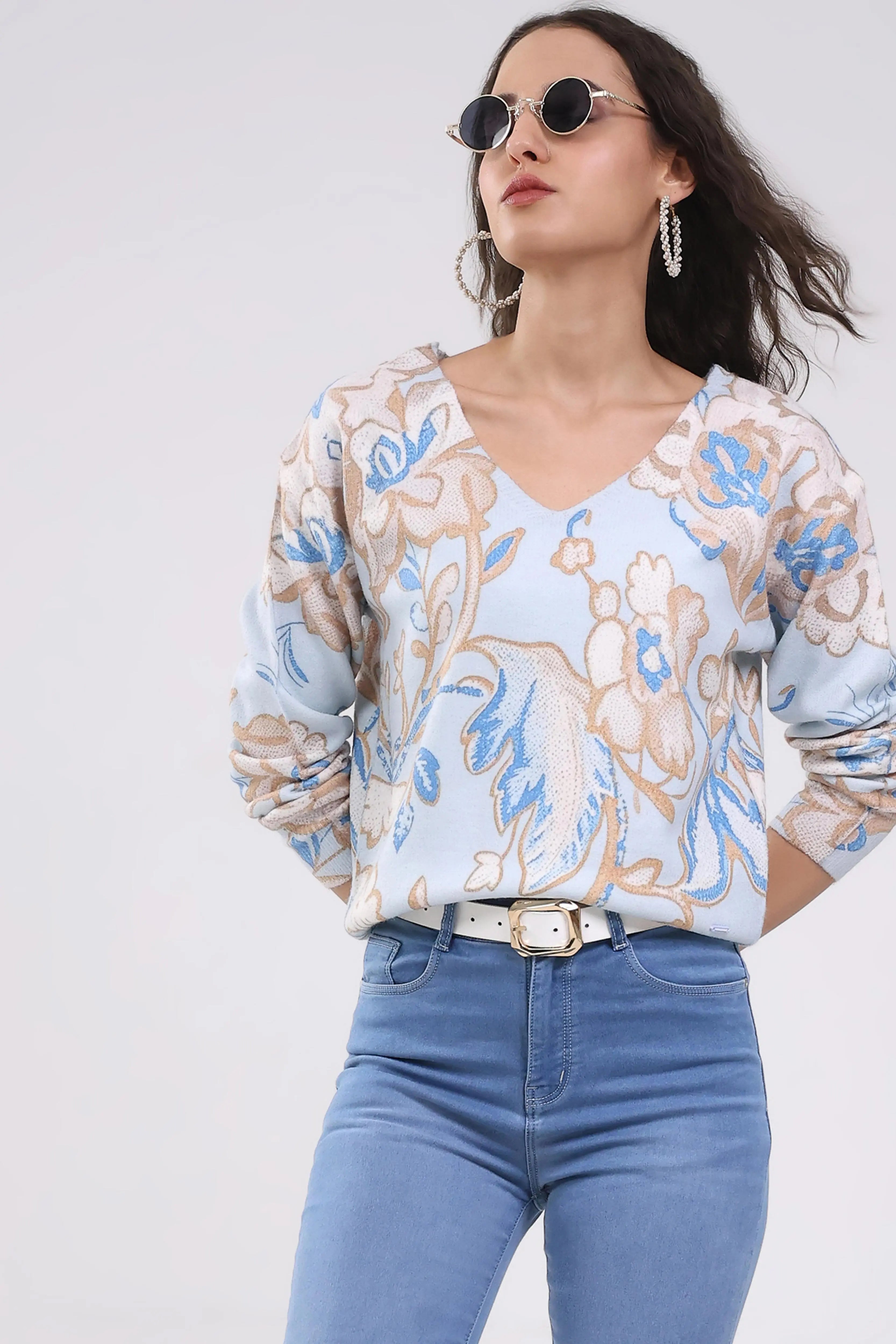 Sky Blue Floral Winter Pullover - Global Republic
