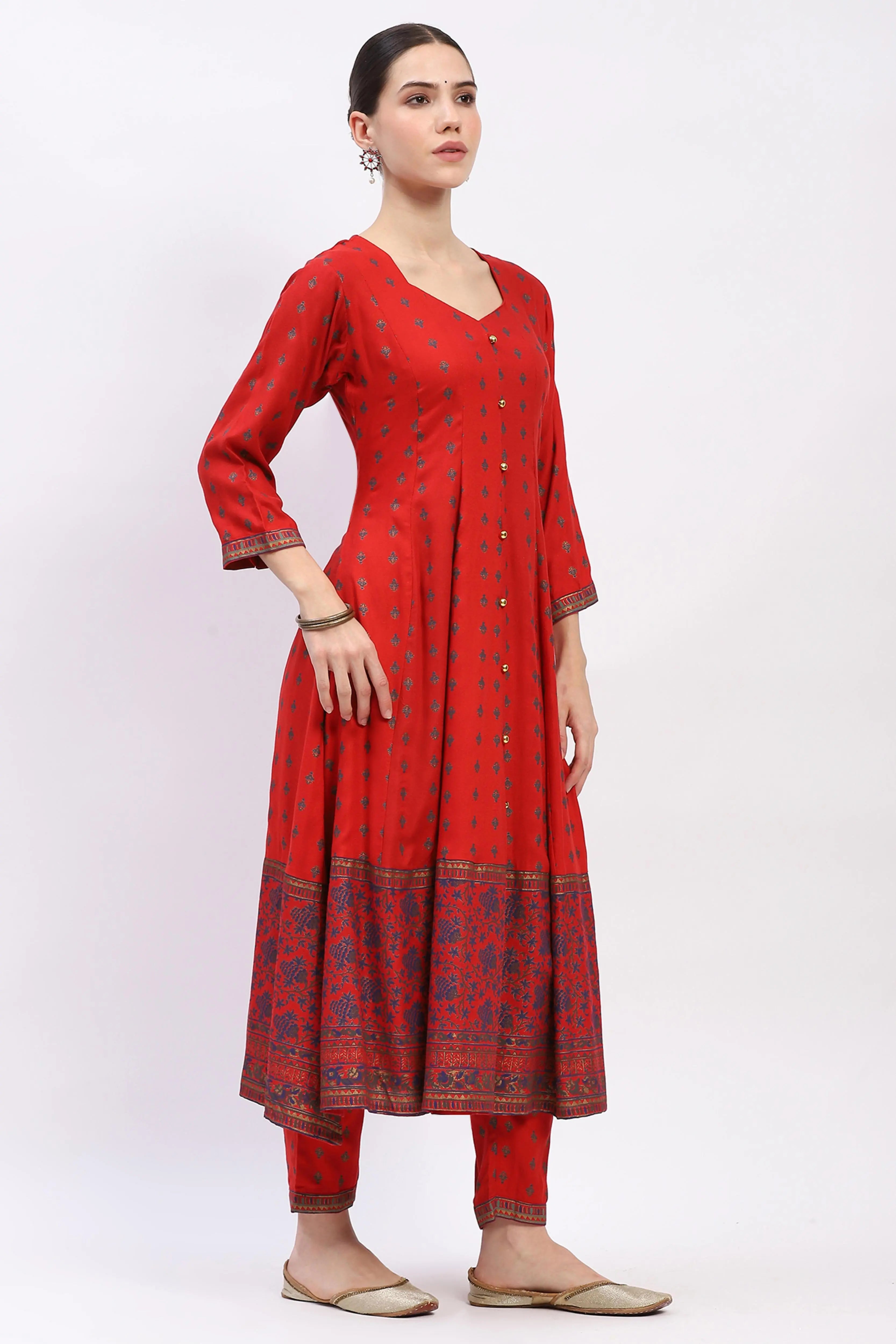 Foil-Printed Muslin Anarkali Suit Set - Global Republic