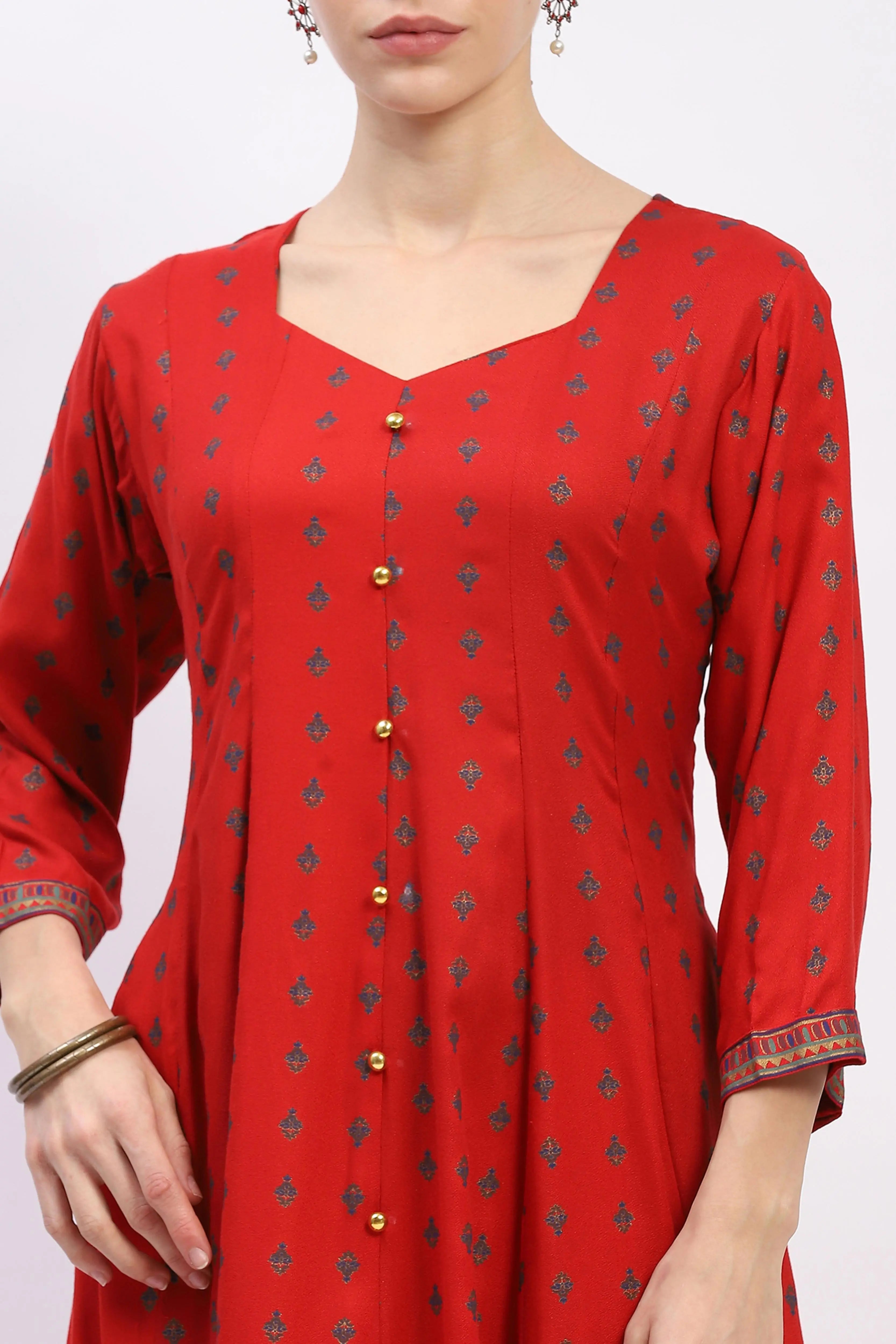 Foil-Printed Muslin Anarkali Suit Set - Global Republic