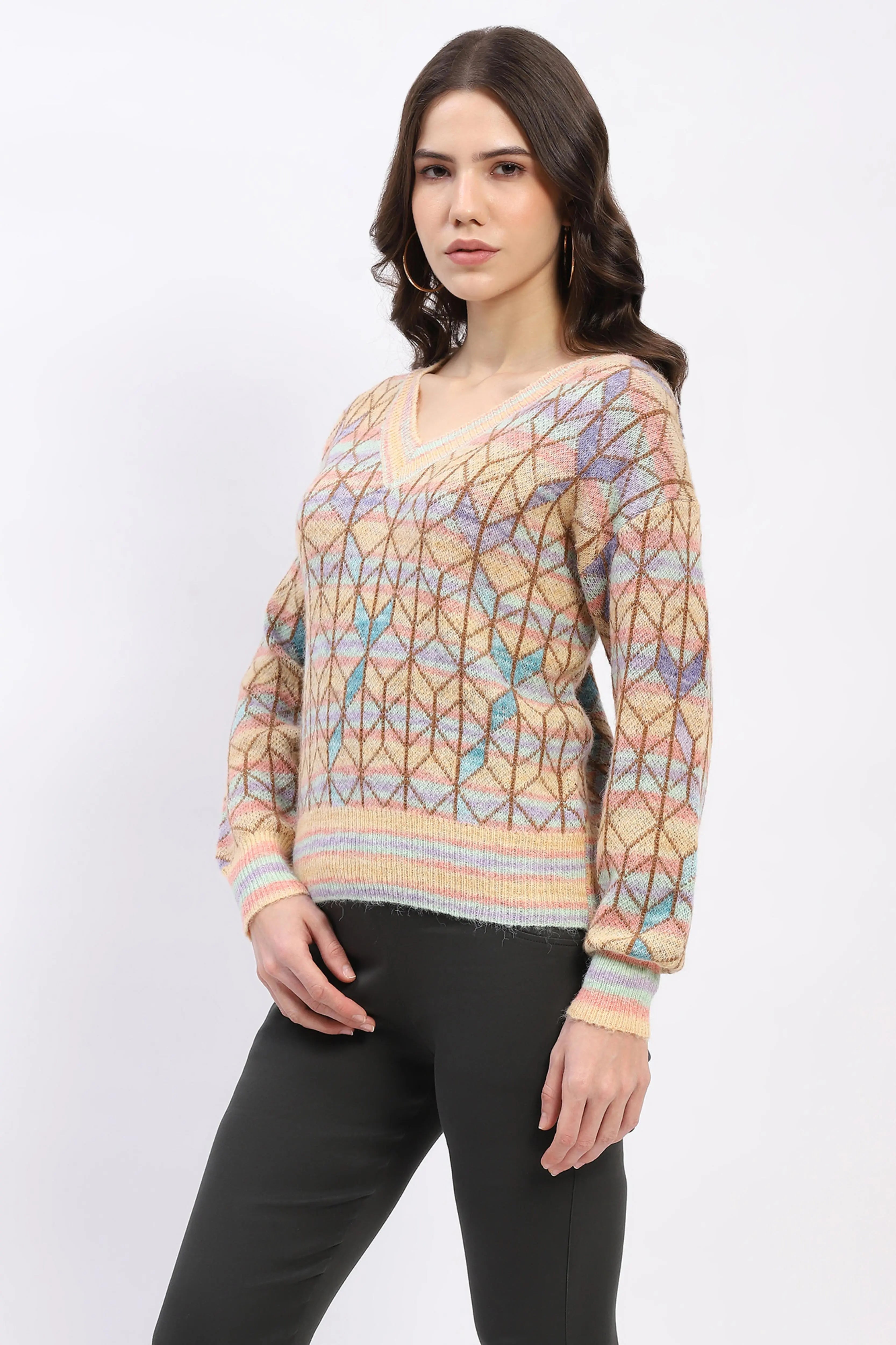 Multicolor Geometric V-Neck Pullover - Global Republic