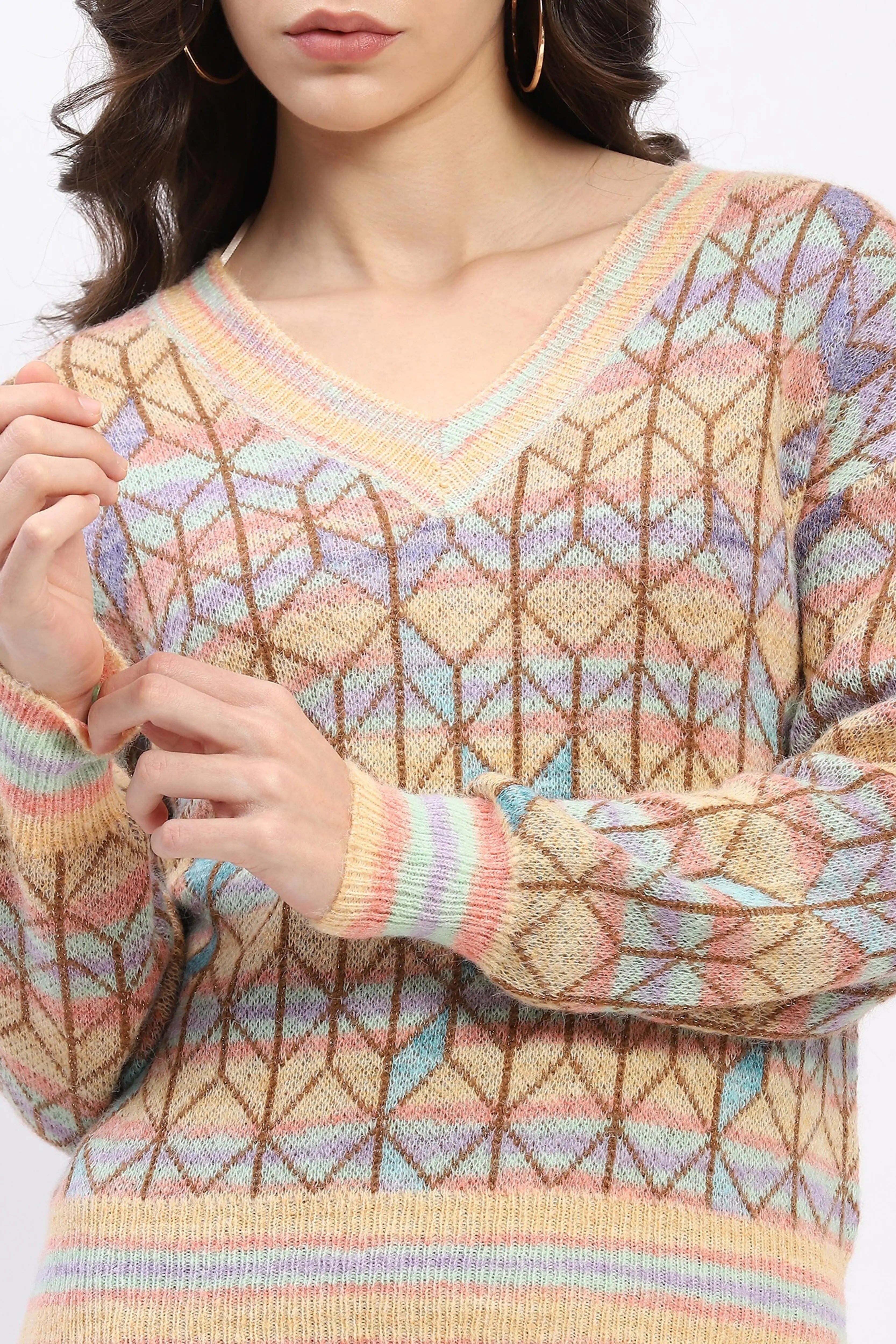 Multicolor Geometric V-Neck Pullover - Global Republic