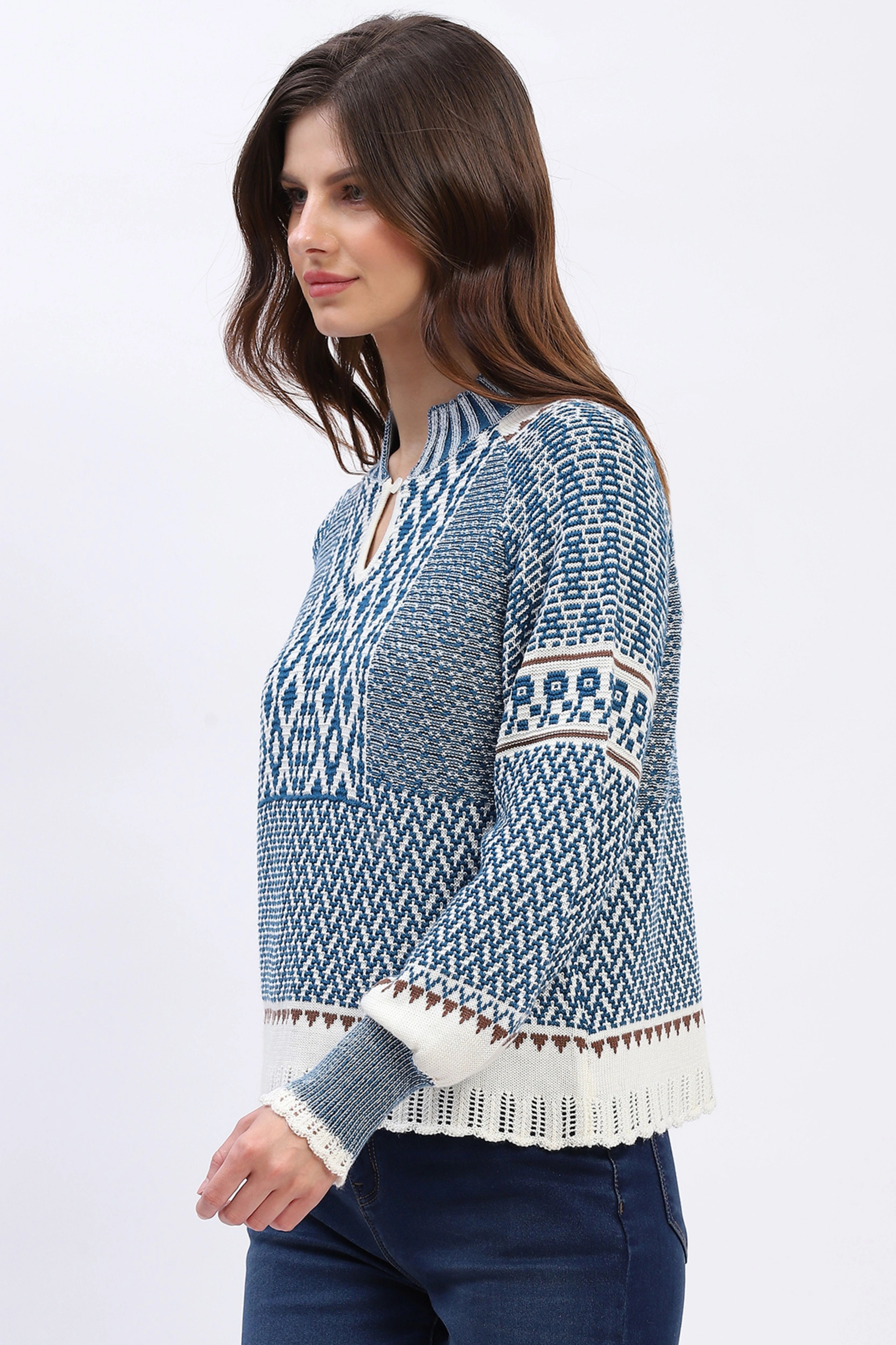 Woven Blue Wool Blend Pullover