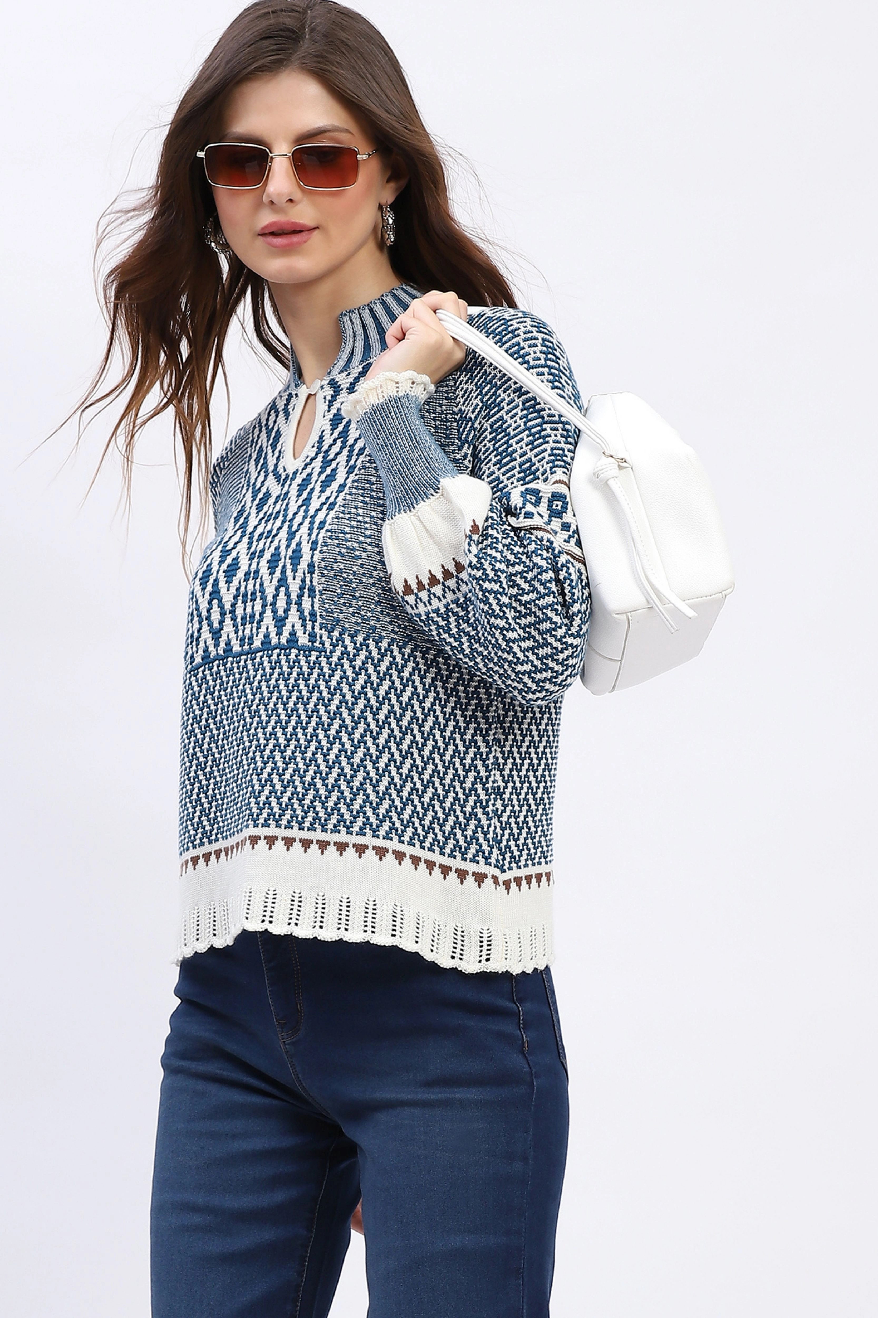 Woven Blue Wool Blend Pullover