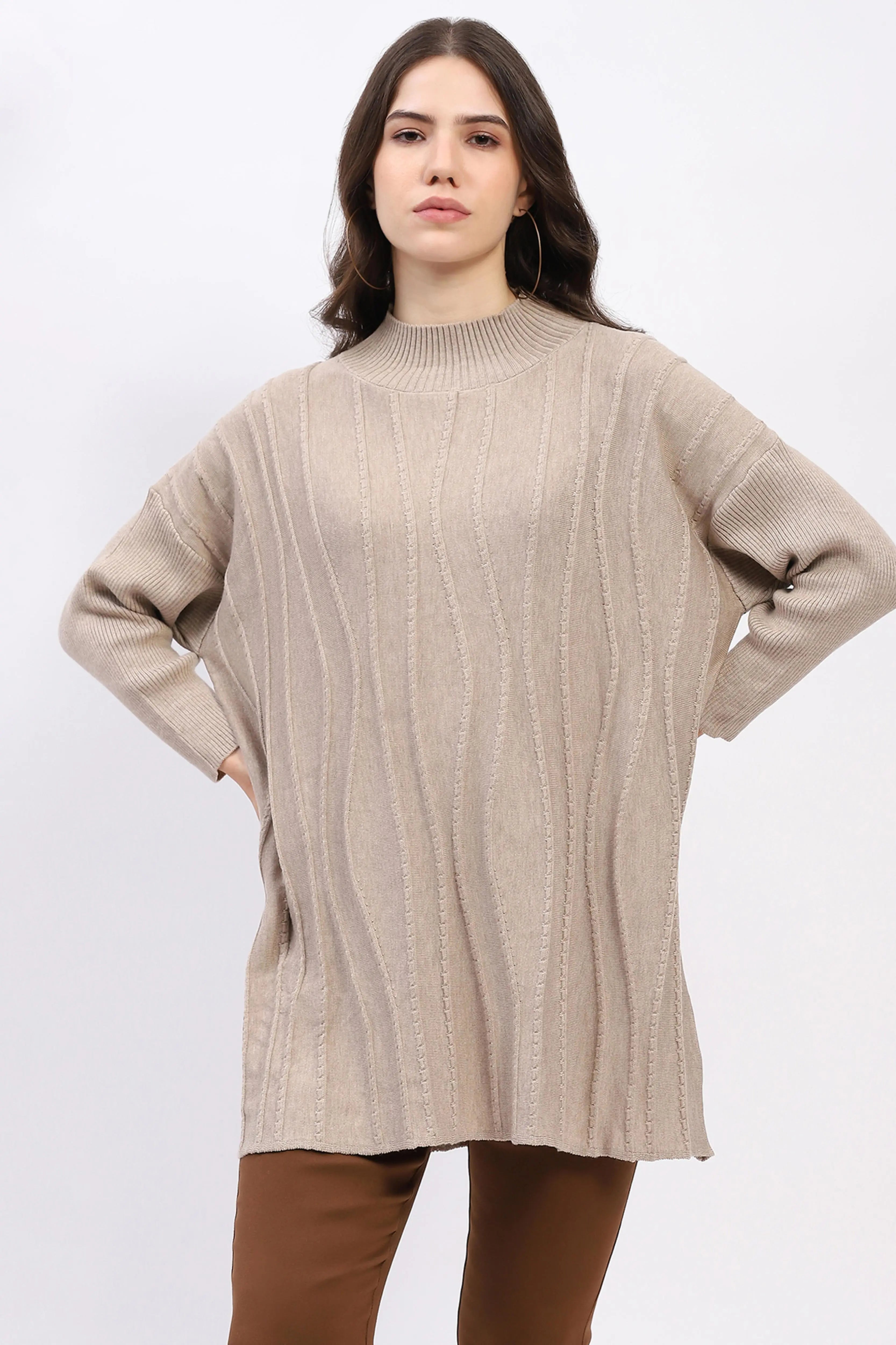 Textured High Neck Tunic Pullover - Global Republic