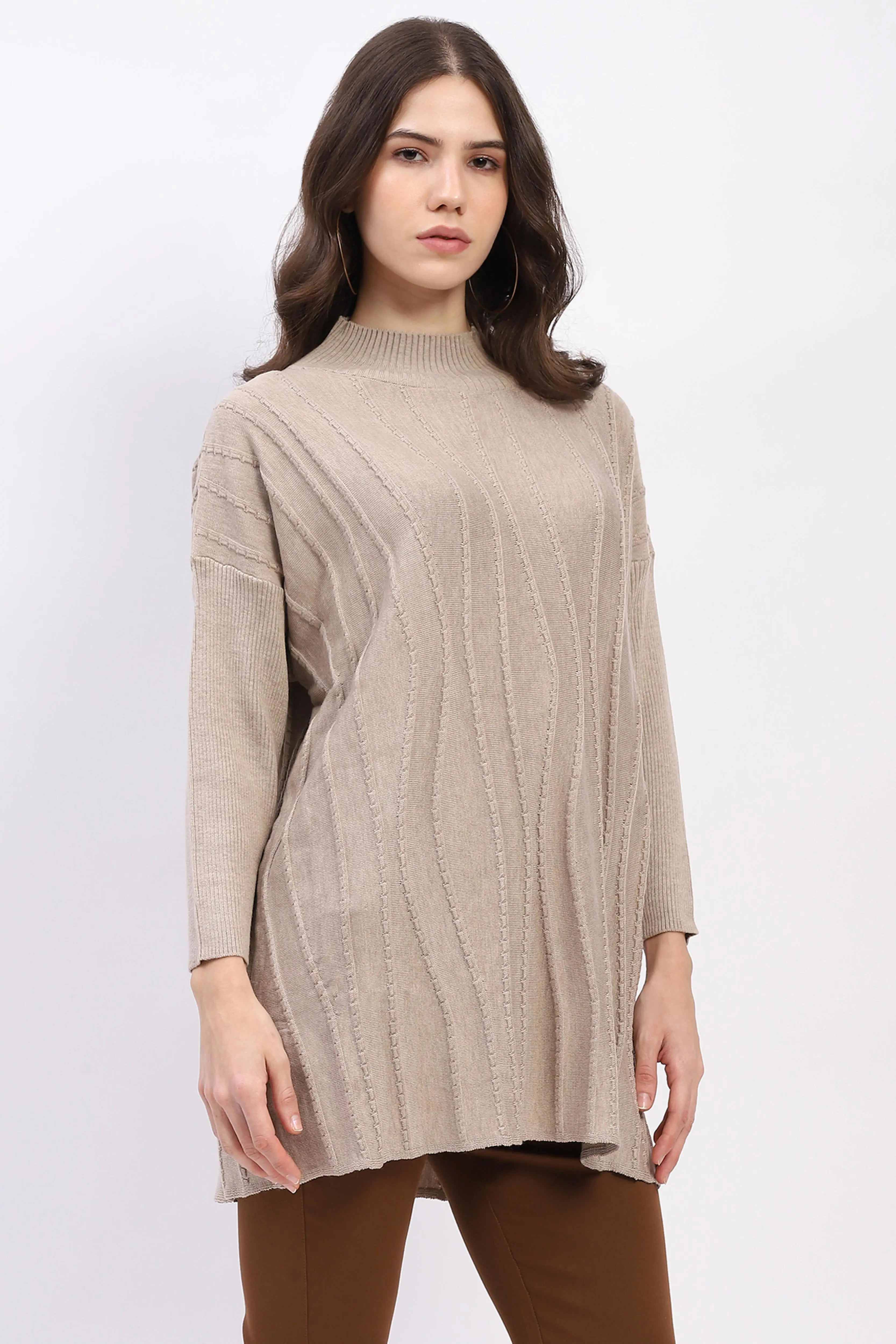 Textured High Neck Tunic Pullover - Global Republic