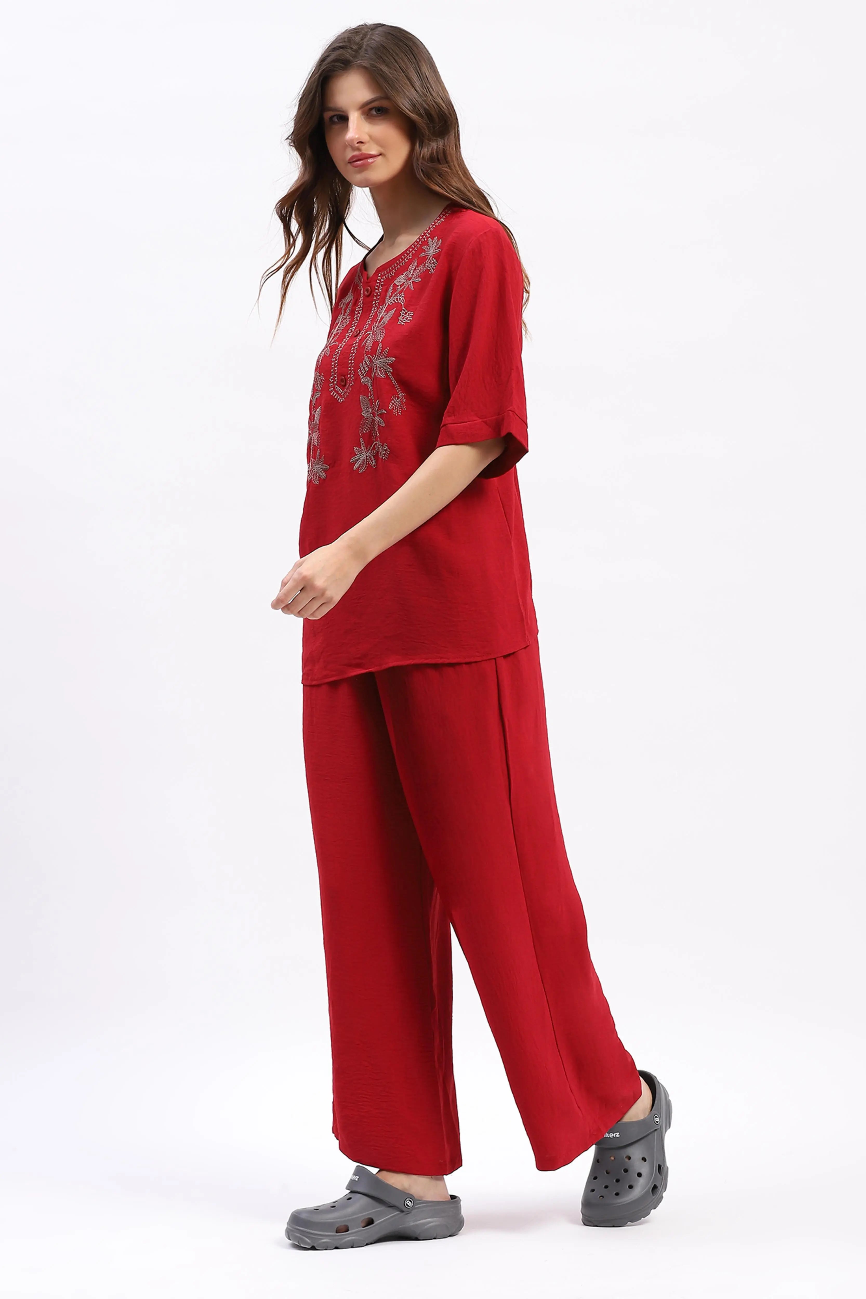 Embroidered Yoke Rayon Co-ord Set - Global Republic