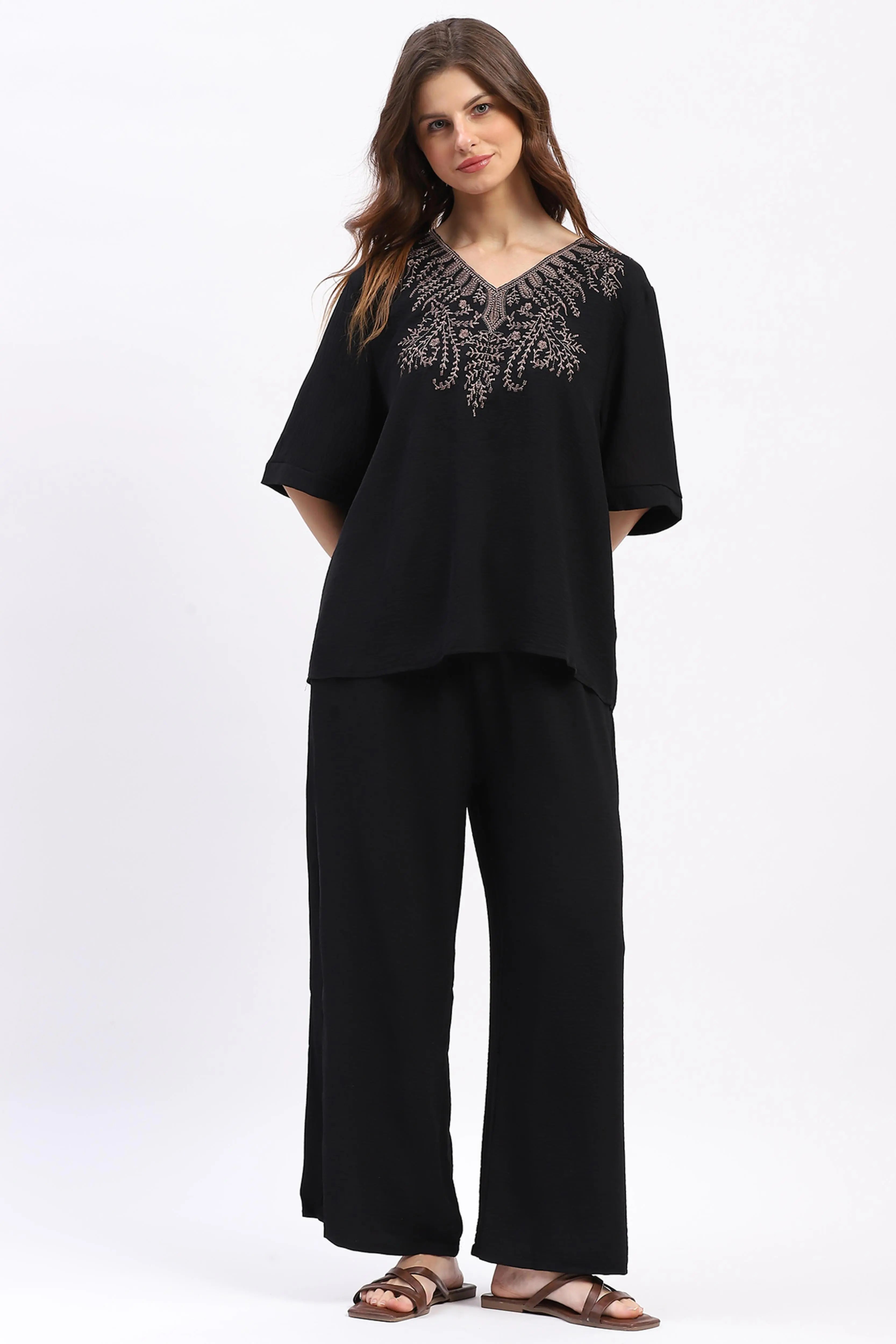 Embroidered Yoke Rayon Co-ord Set - Global Republic
