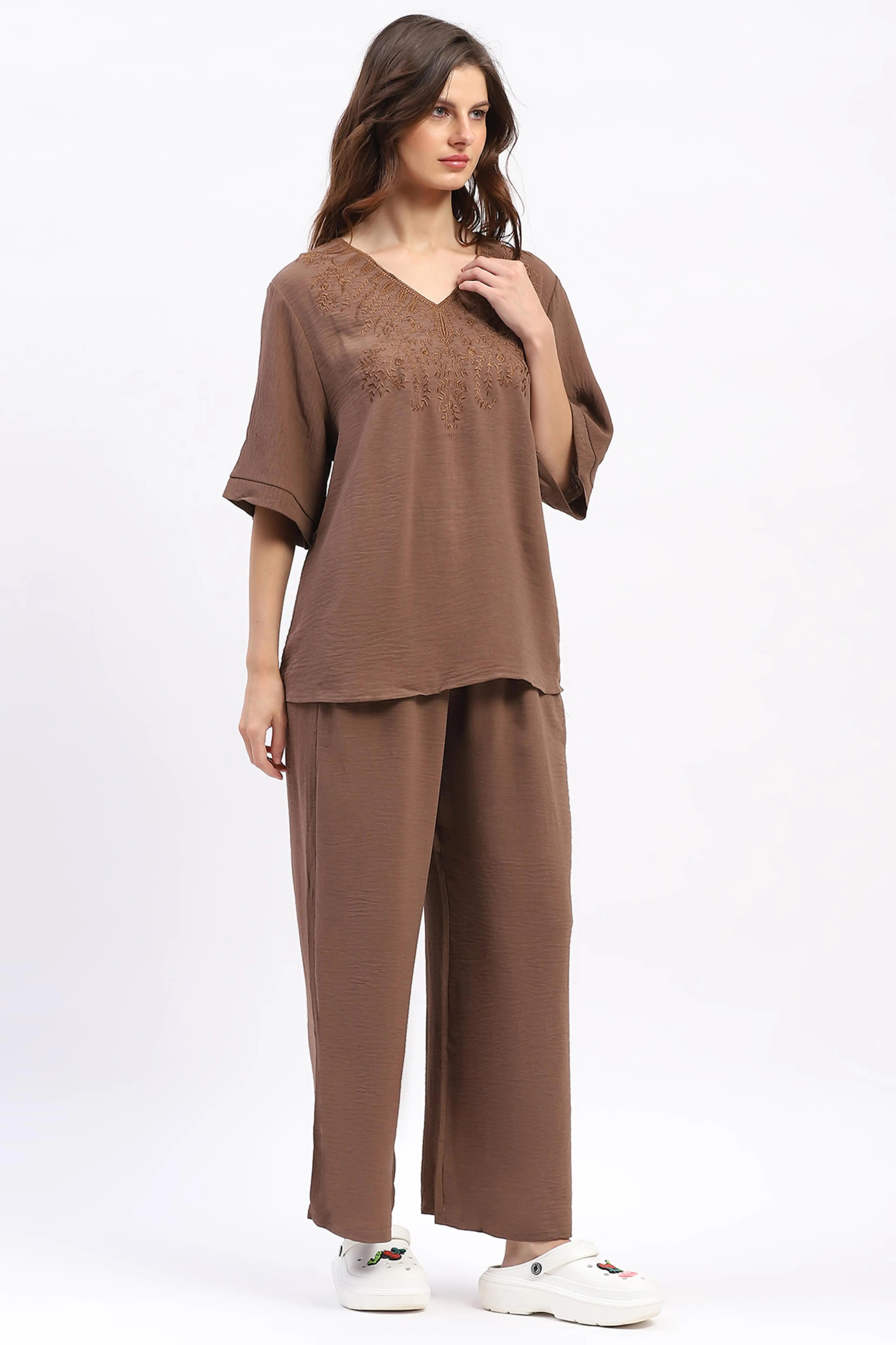 Embroidered Yoke Rayon Co-ord Set - Global Republic