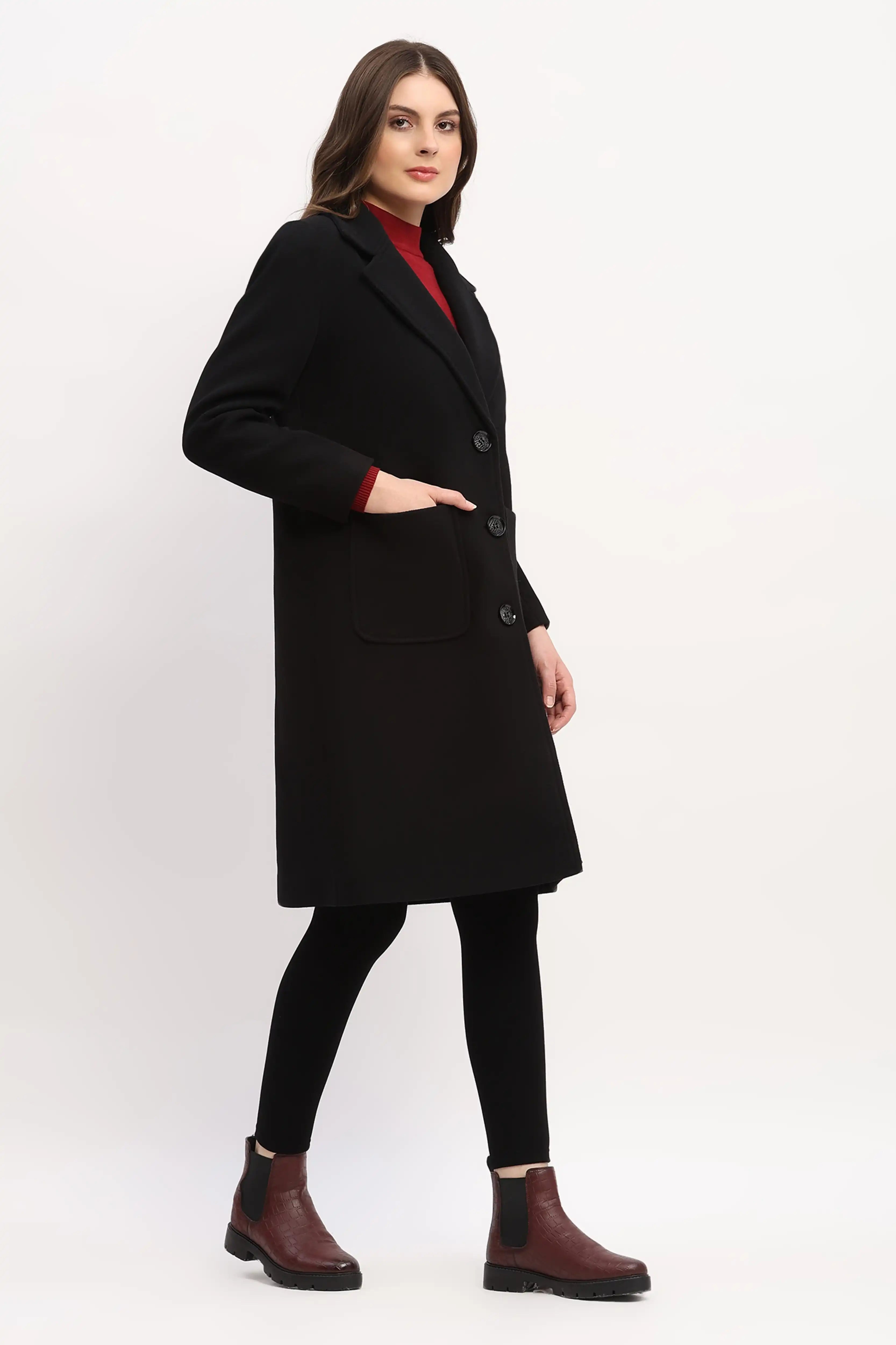Black Long Wool-Blend Winter Coat