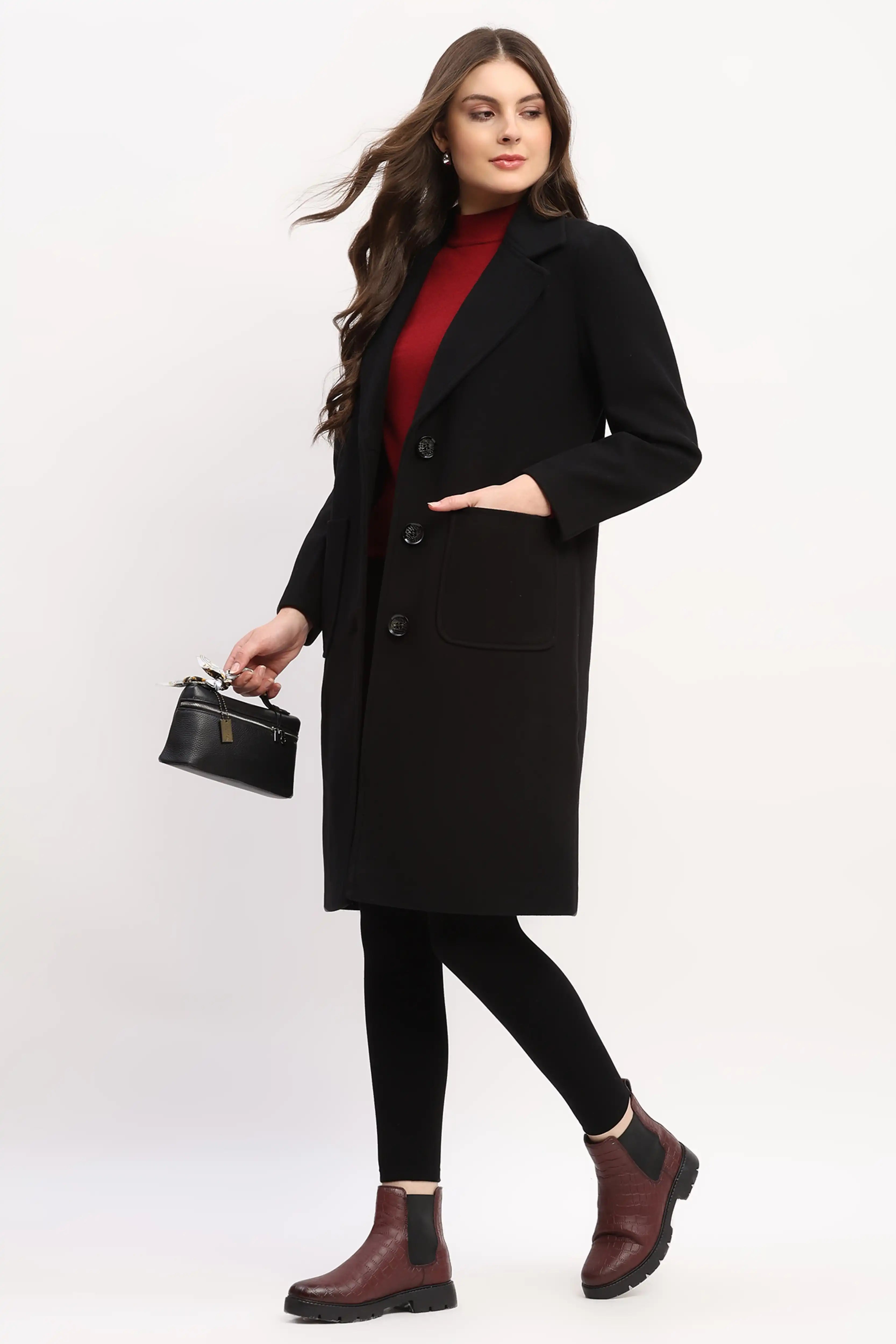 Black Long Wool-Blend Winter Coat