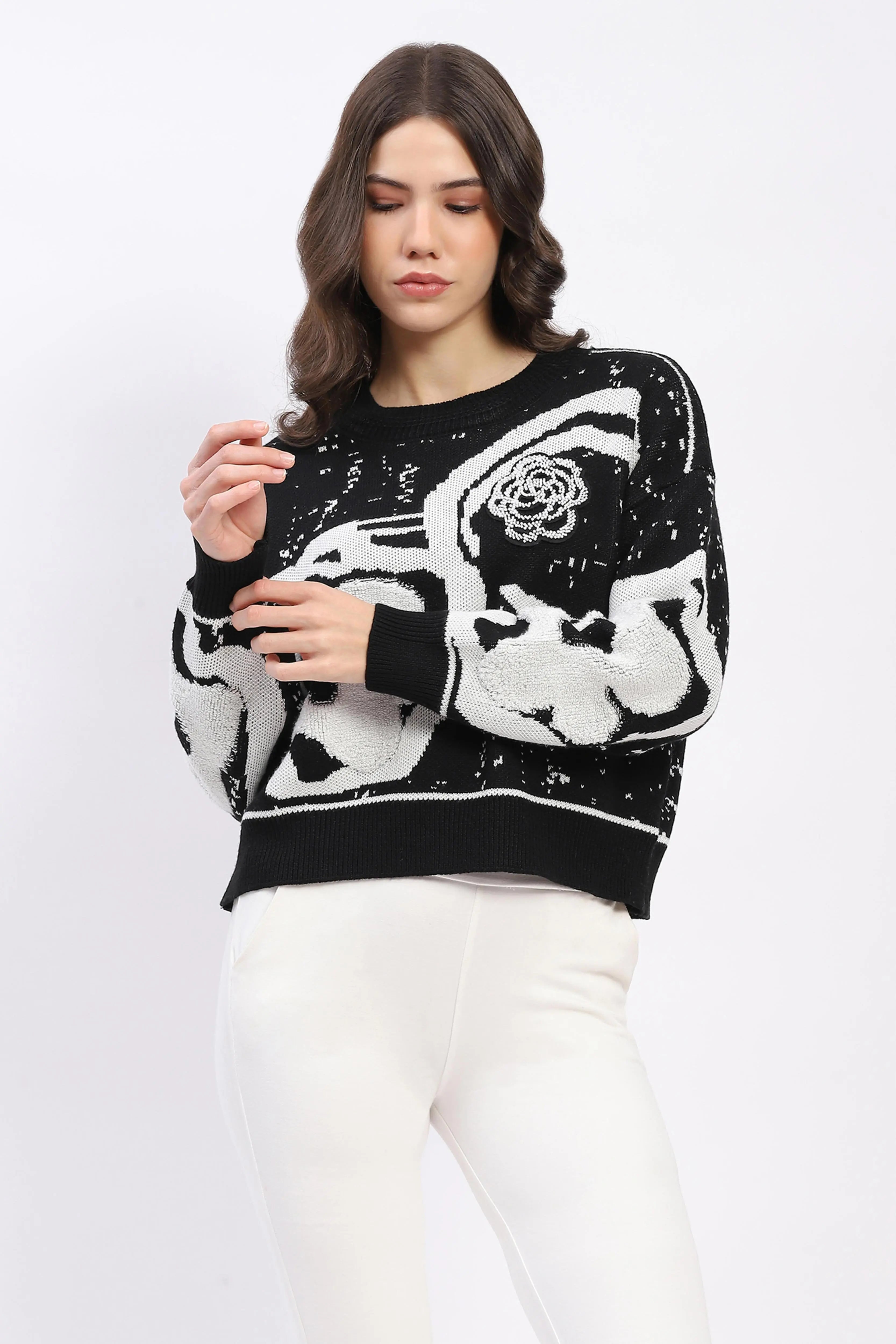 Monochrome Embellished Wool-Blend Pullover - Global Republic