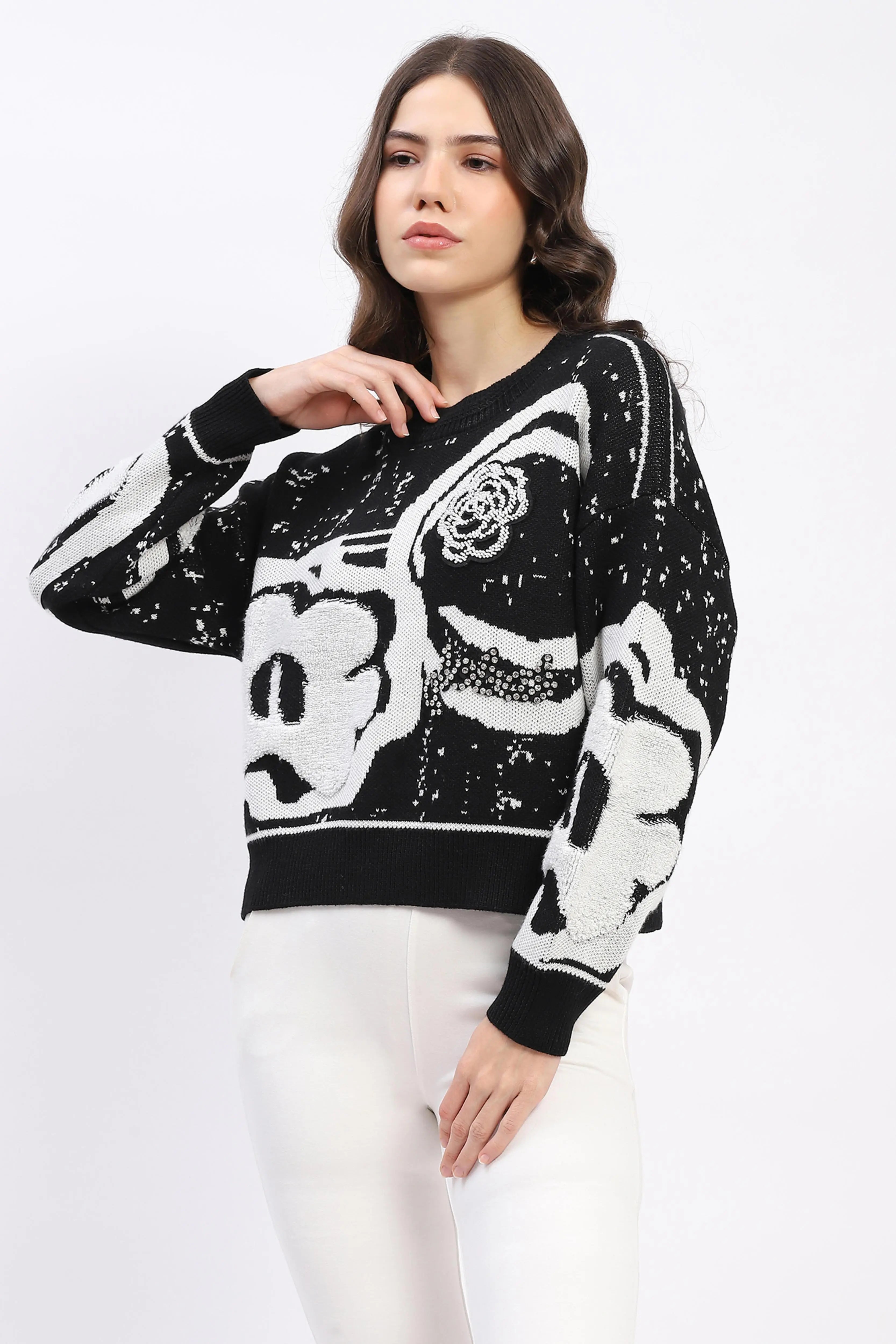 Monochrome Embellished Wool-Blend Pullover - Global Republic