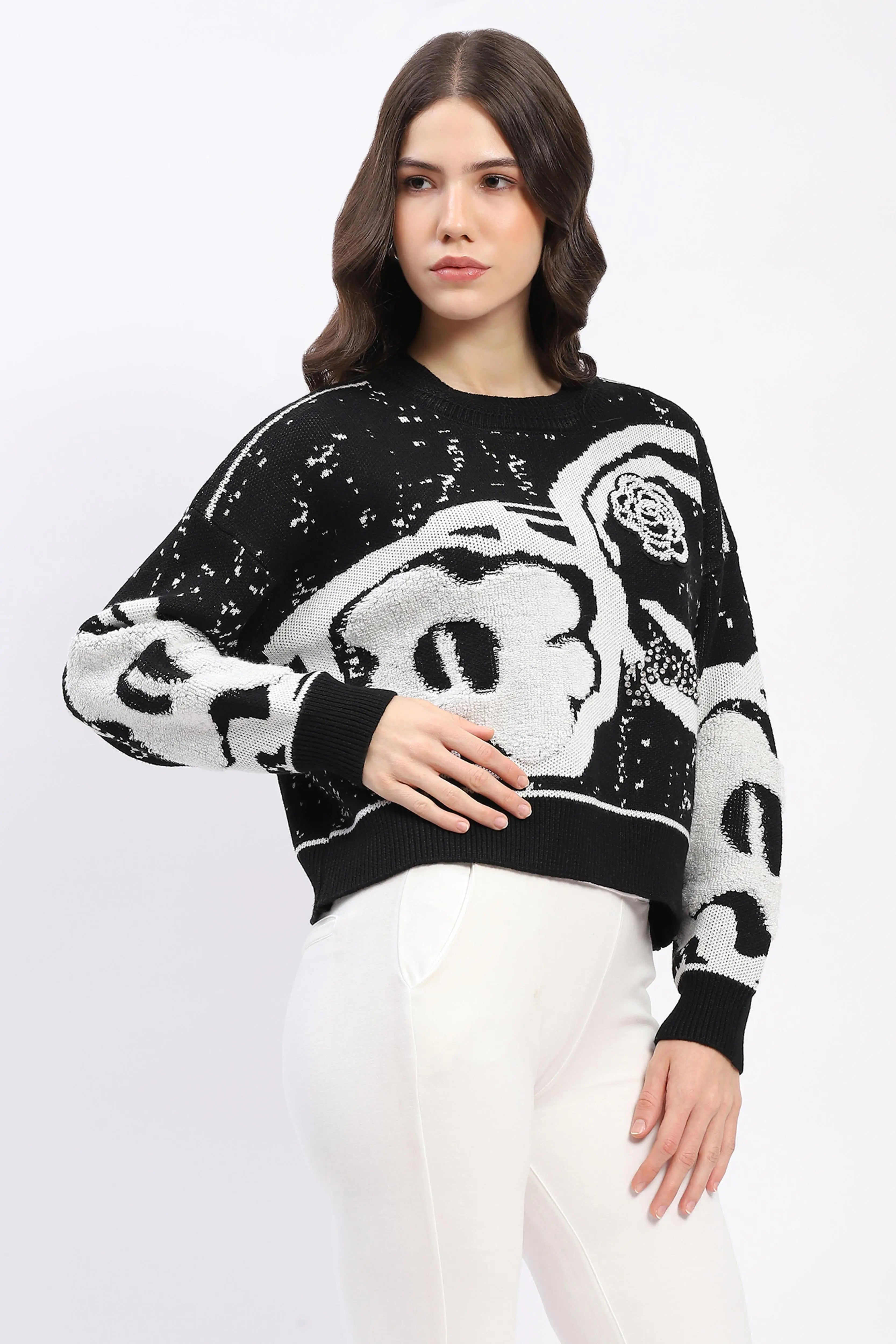 Monochrome Embellished Wool-Blend Pullover - Global Republic