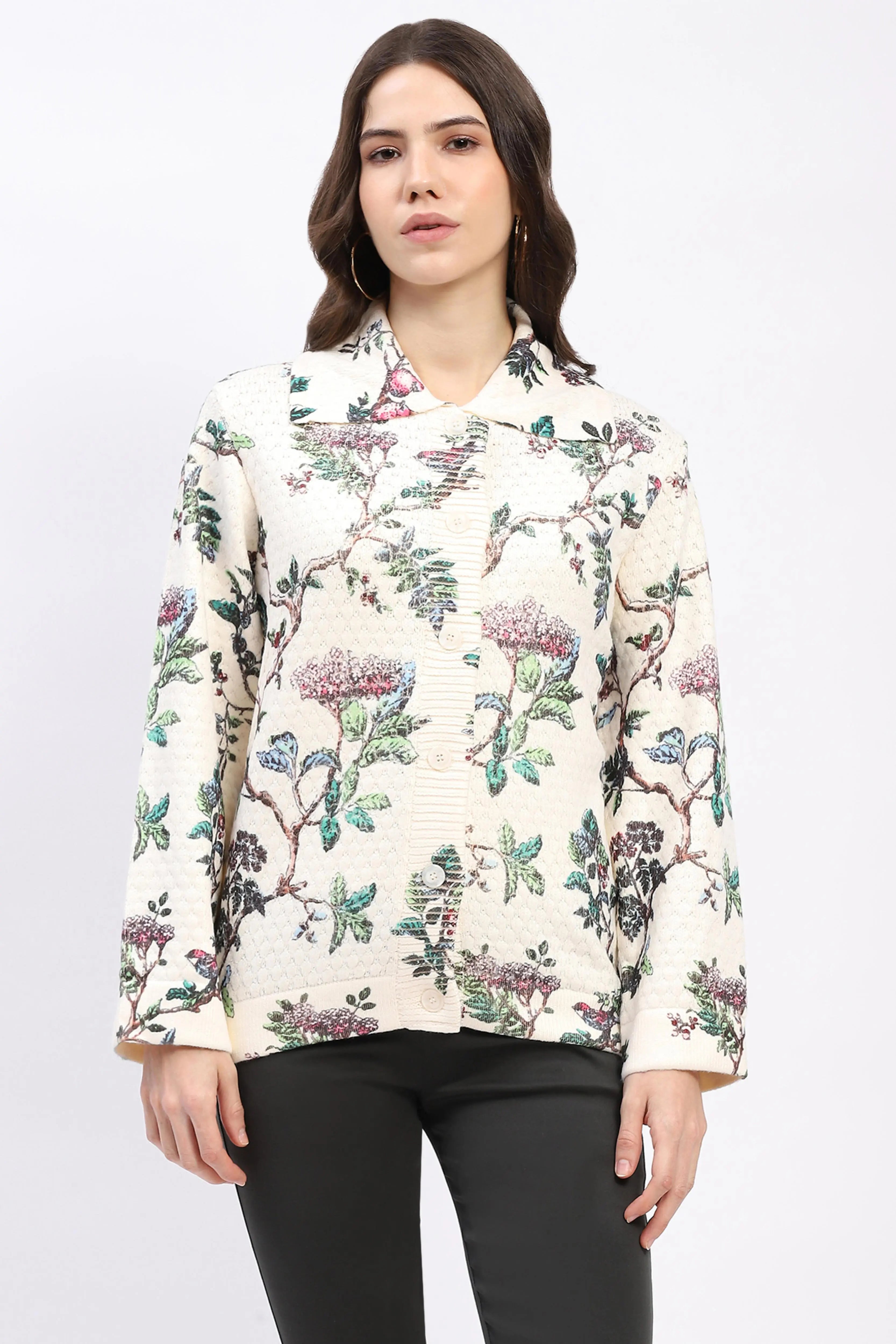 Botanical Print Loose-Fit Cardigan - Global Republic