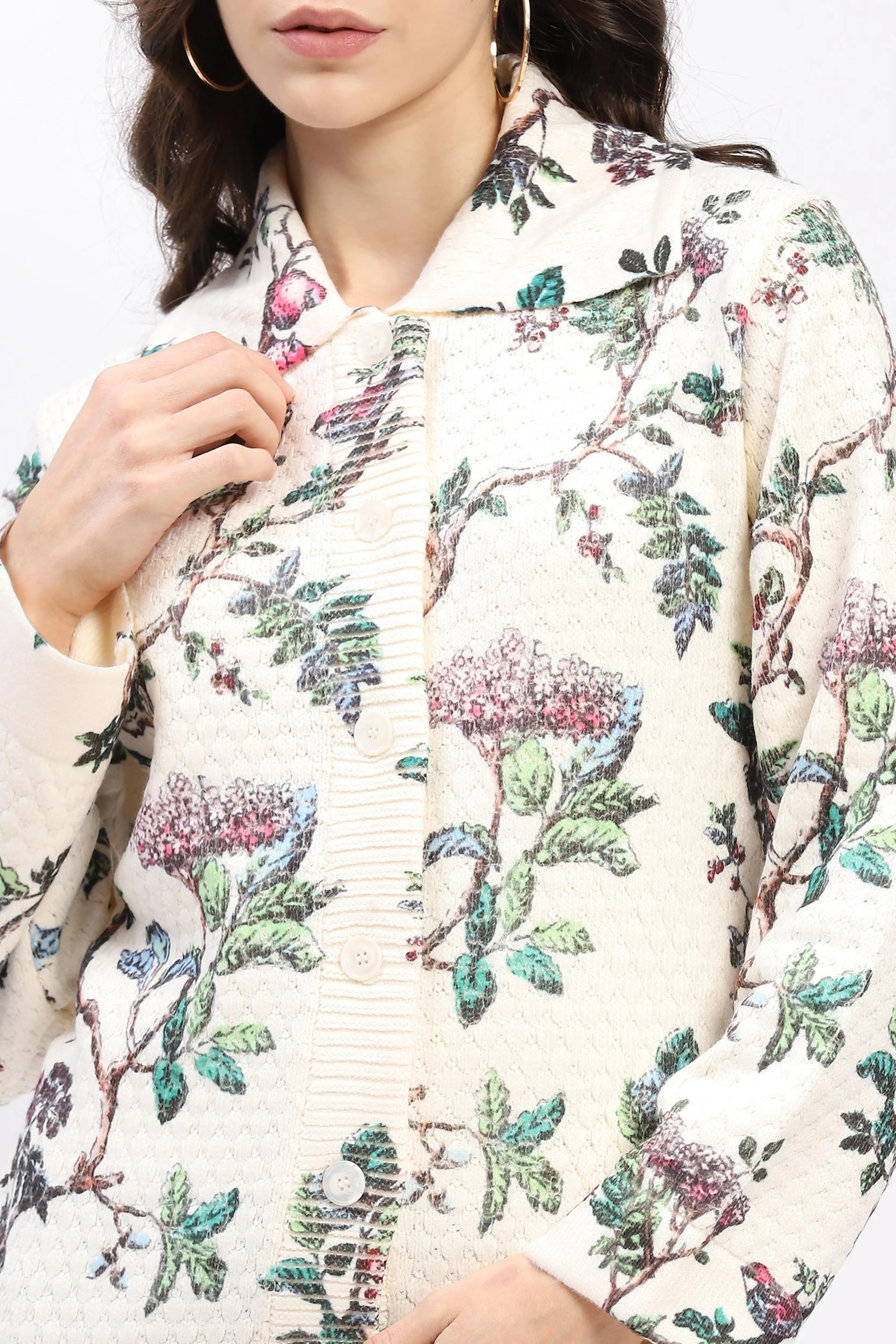 Botanical Print Loose-Fit Cardigan - Global Republic