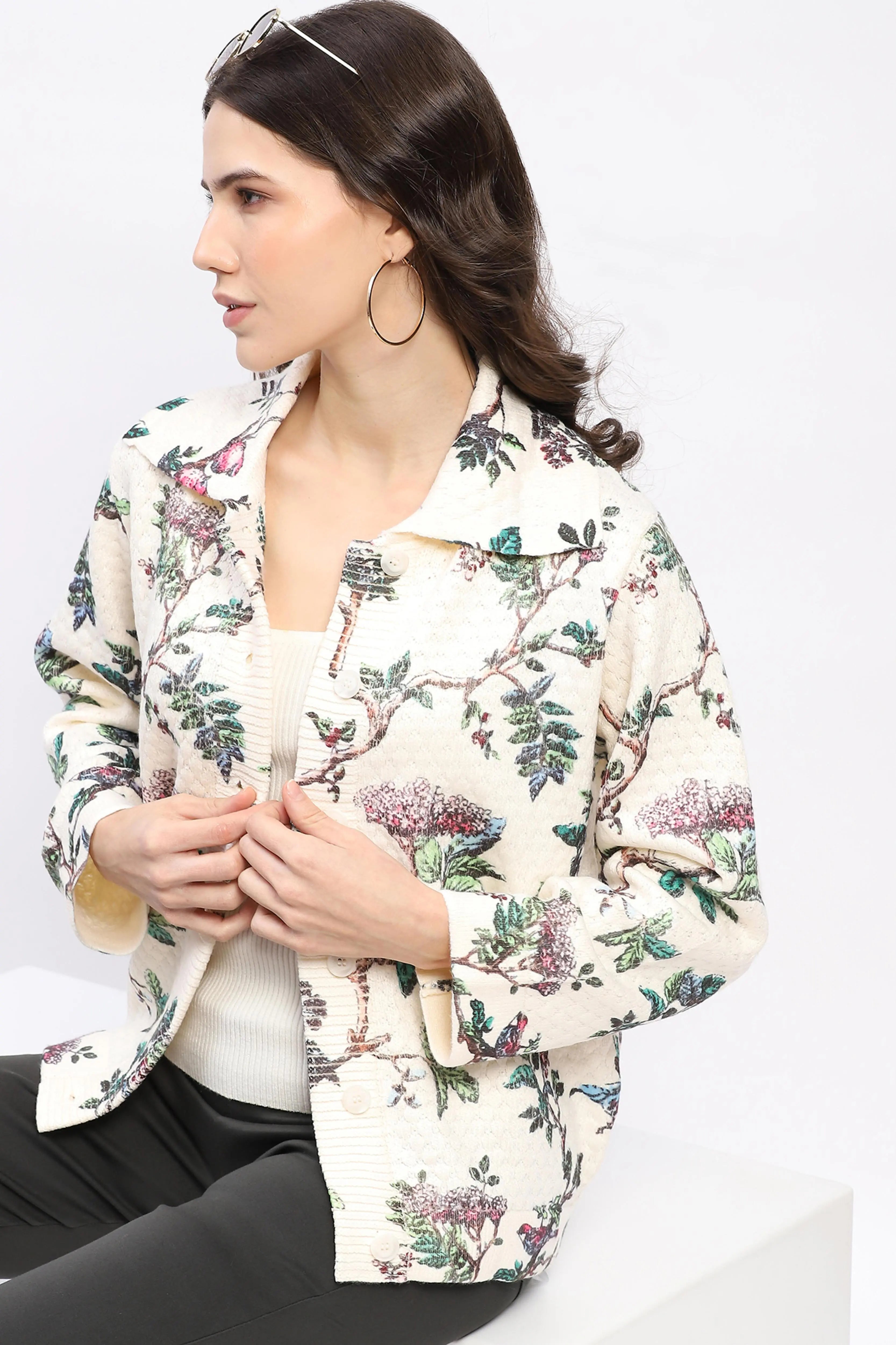 Botanical Print Loose-Fit Cardigan - Global Republic
