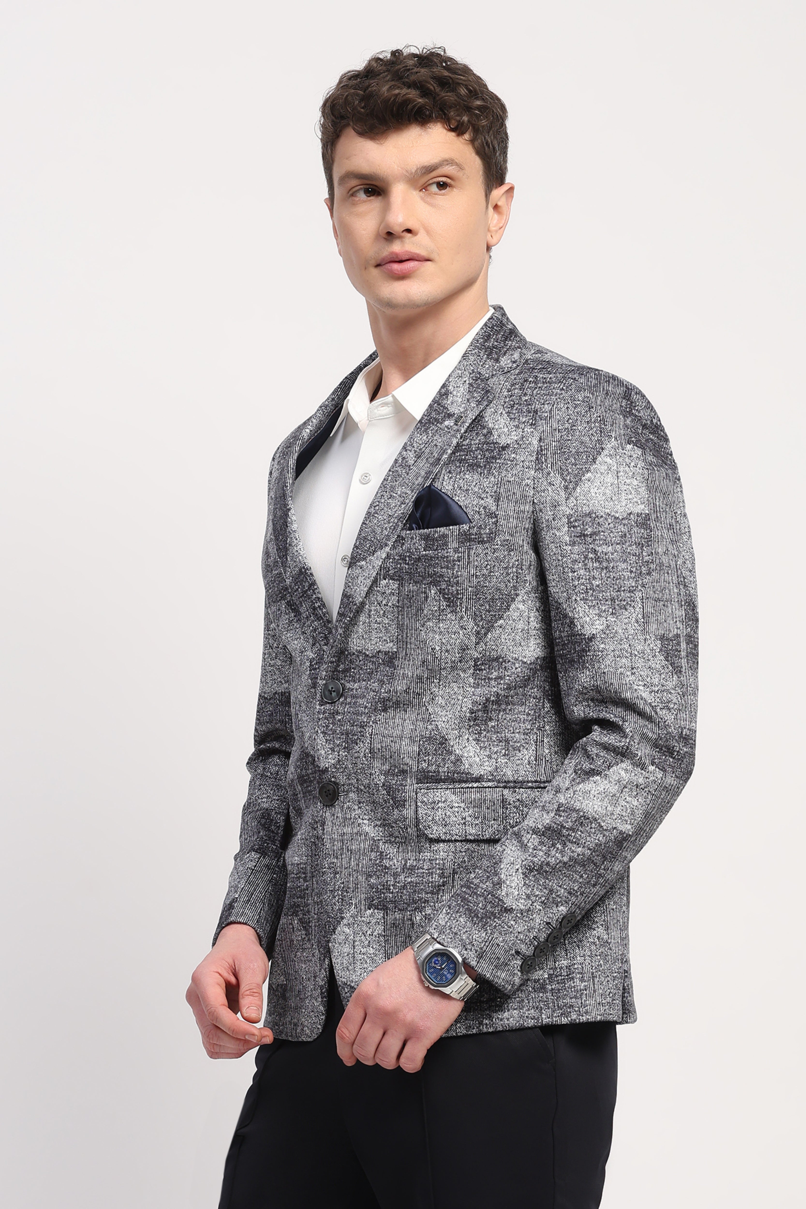 Navy Blue Poly Velvet Abstract Print Coat