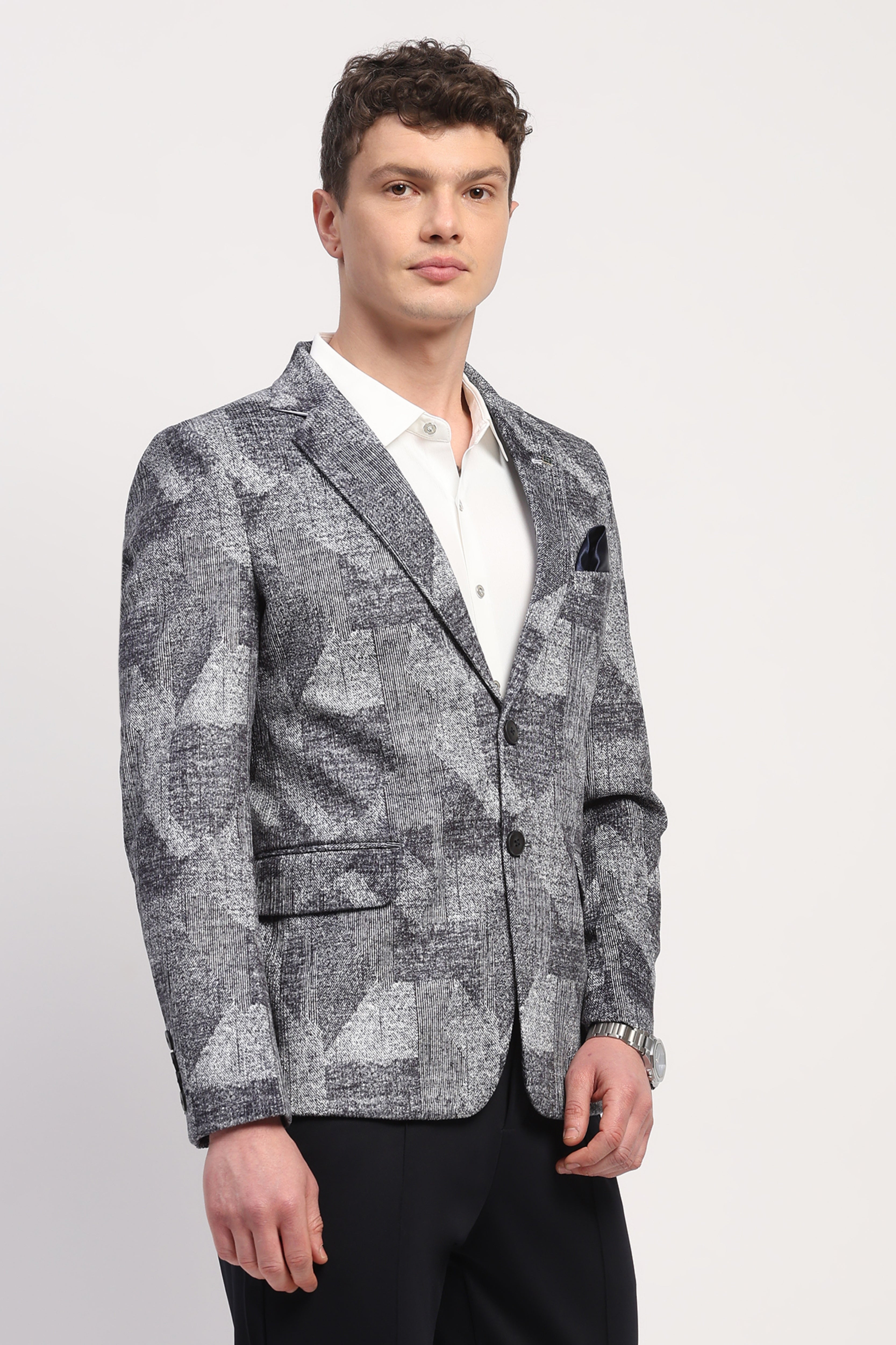 Navy Blue Poly Velvet Abstract Print Coat