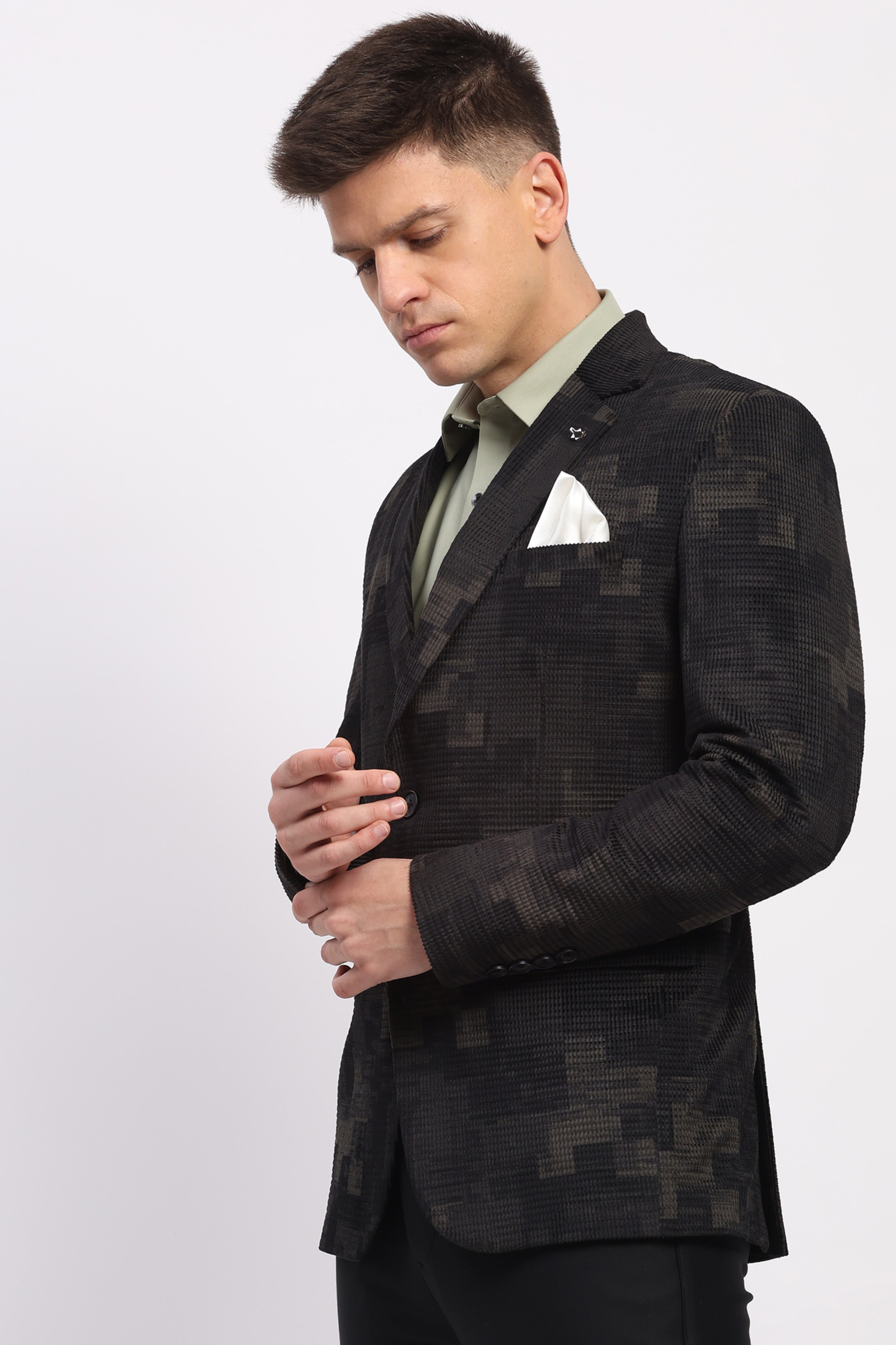 Olive Self-Design Velvet-Blend Coat