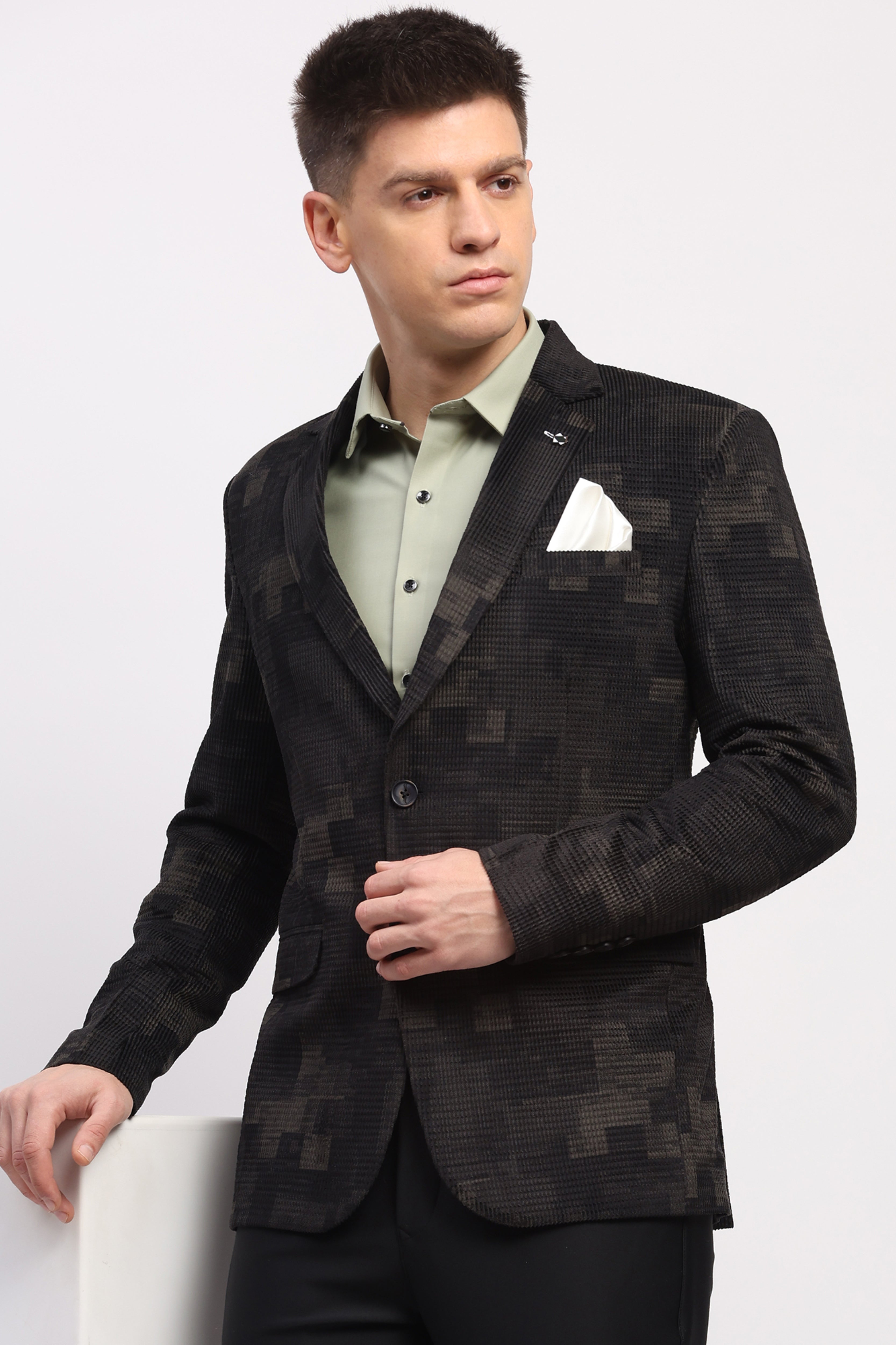 Olive Self-Design Velvet-Blend Coat