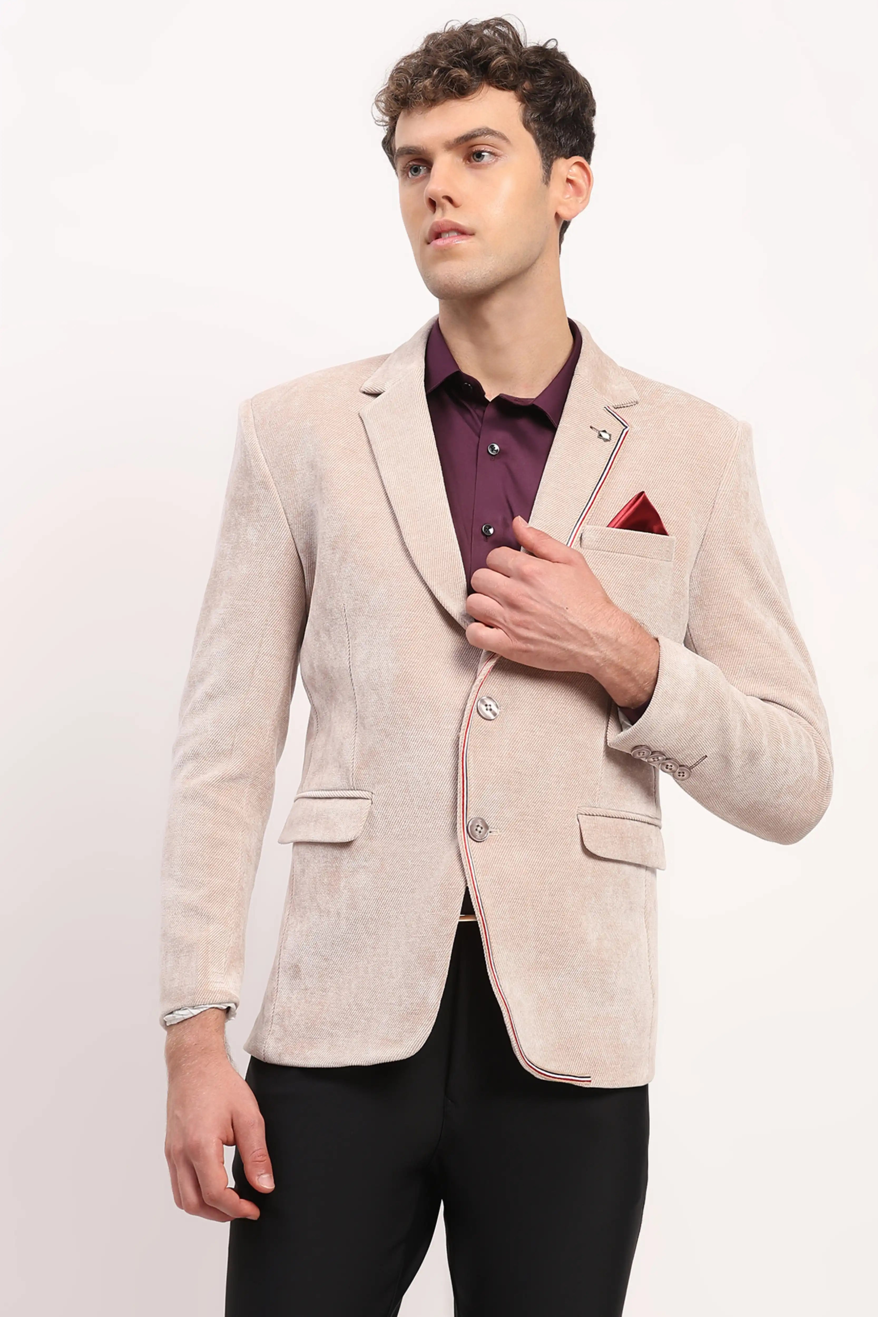 Beige Self-Striped Coat