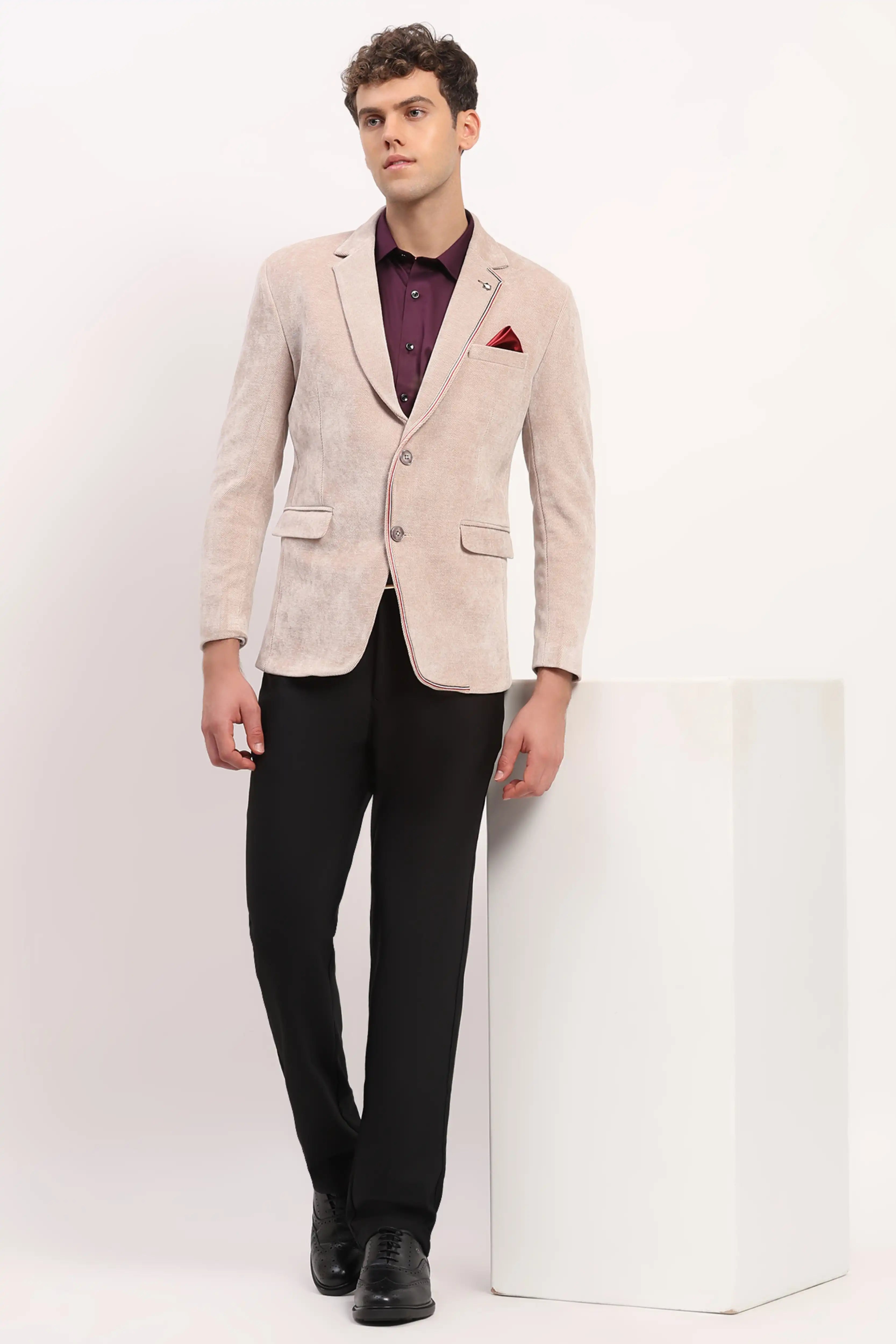 Beige Self-Striped Coat