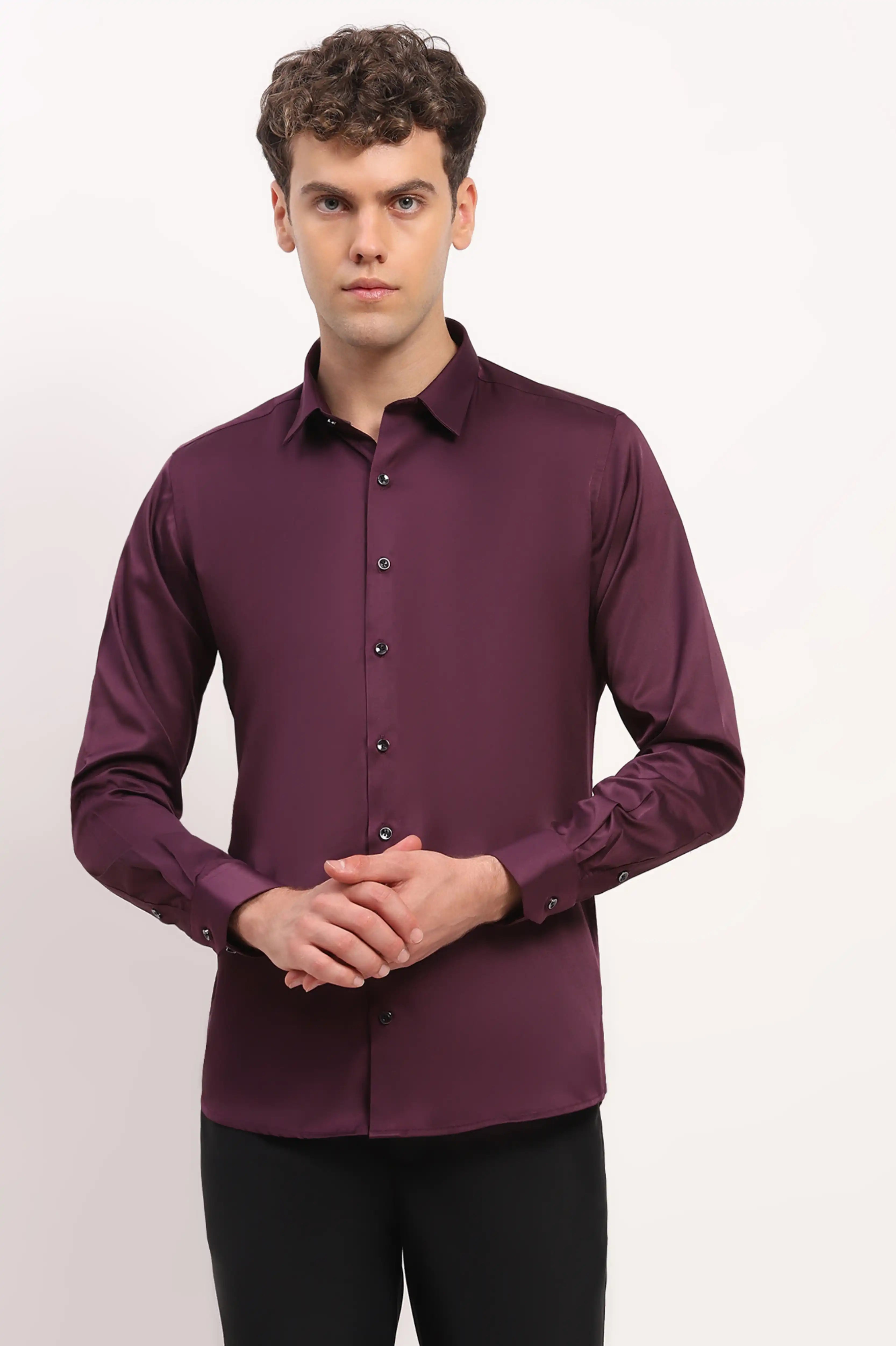 Wine Satin-Blend Party Shirt