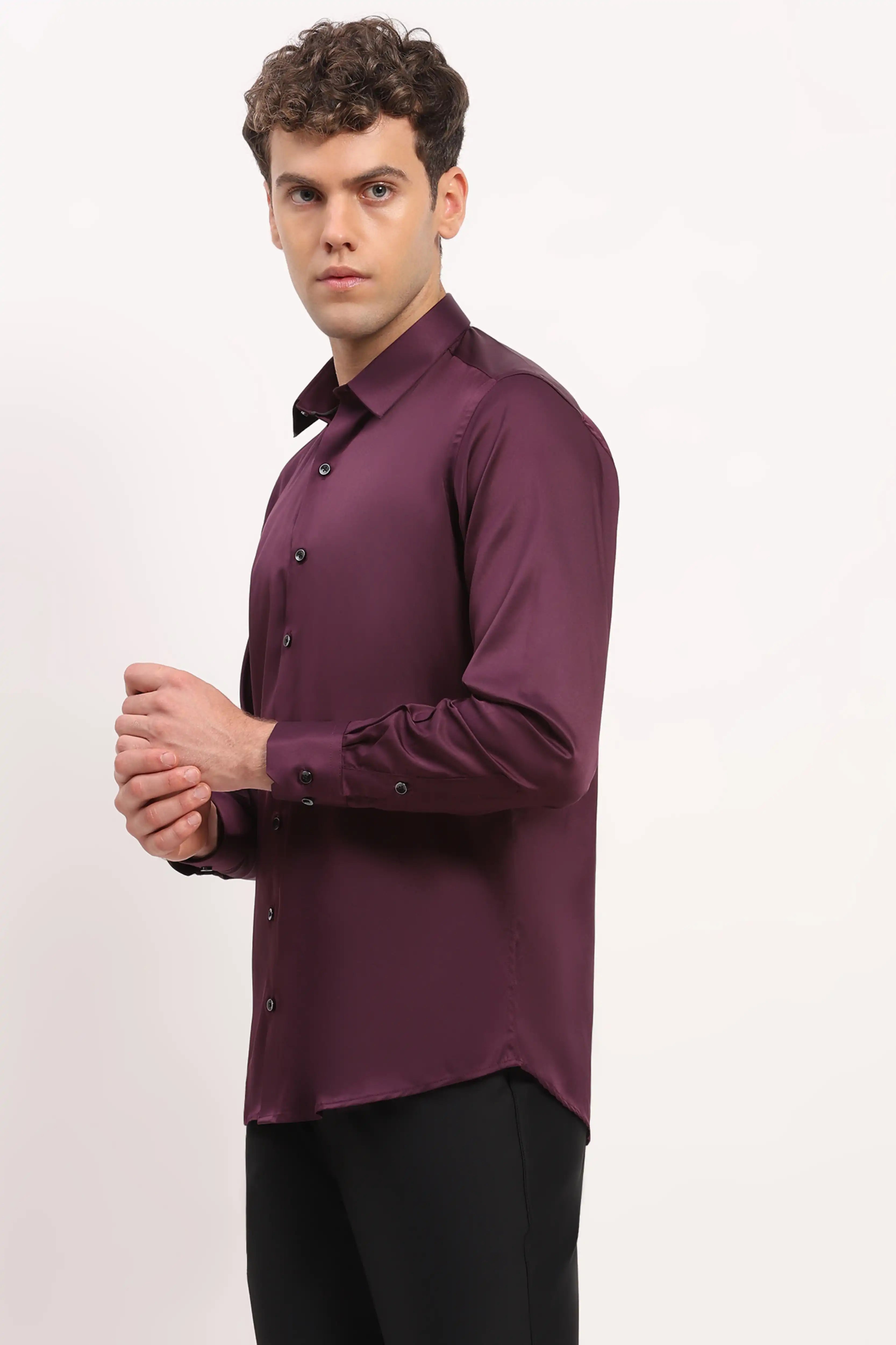 Wine Satin-Blend Party Shirt