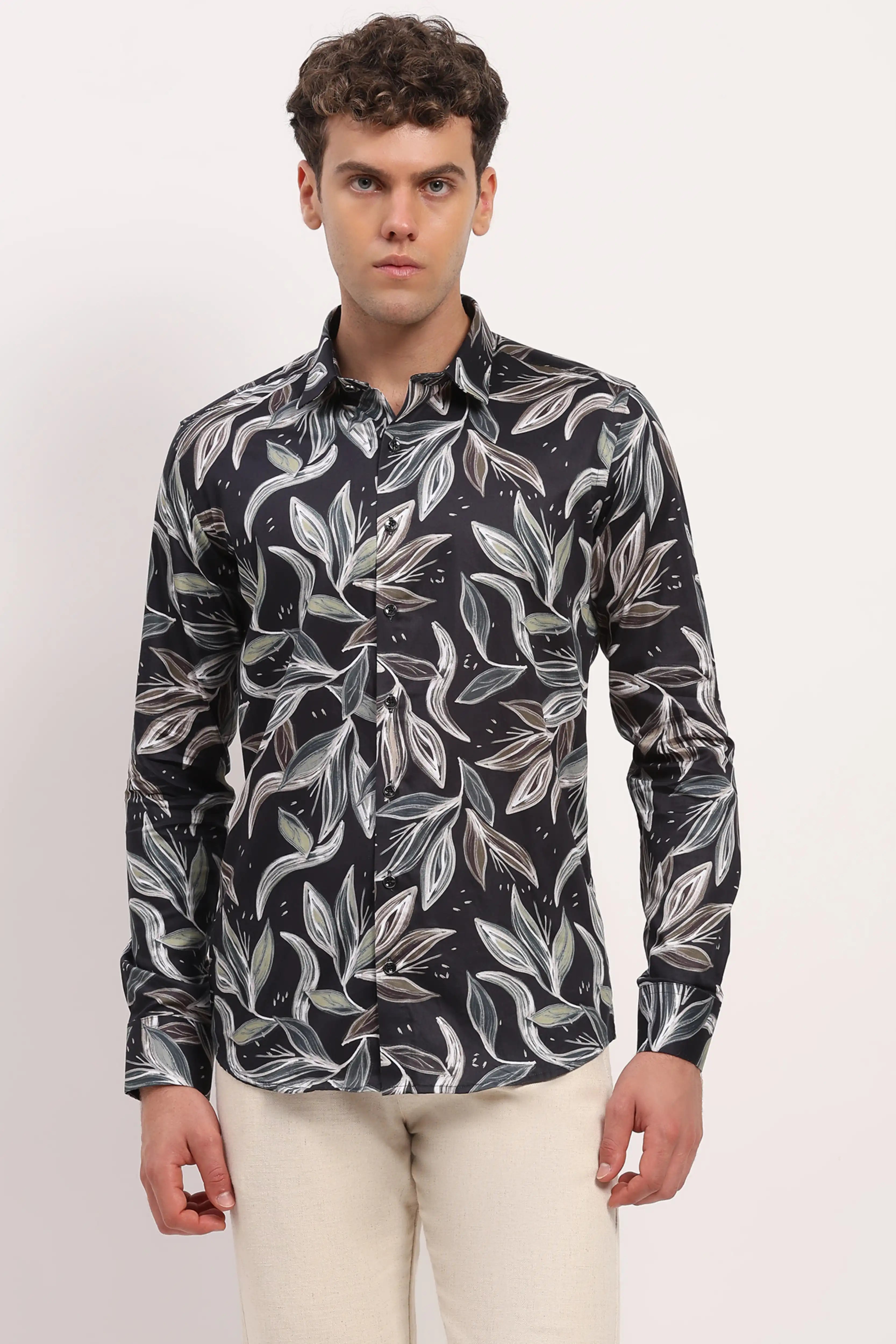Black Leaf-Print Cotton Shirt