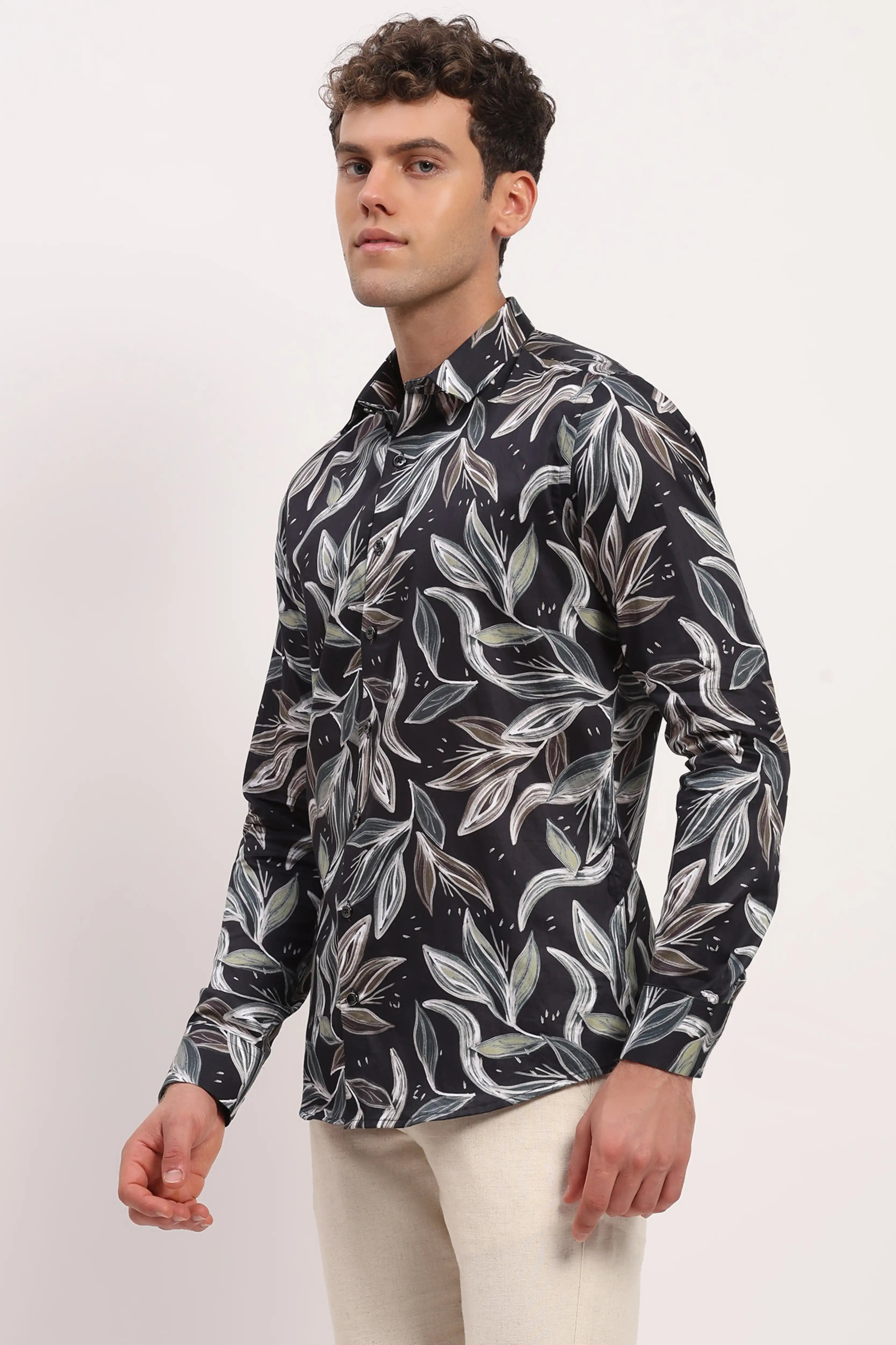 Black Leaf-Print Cotton Shirt