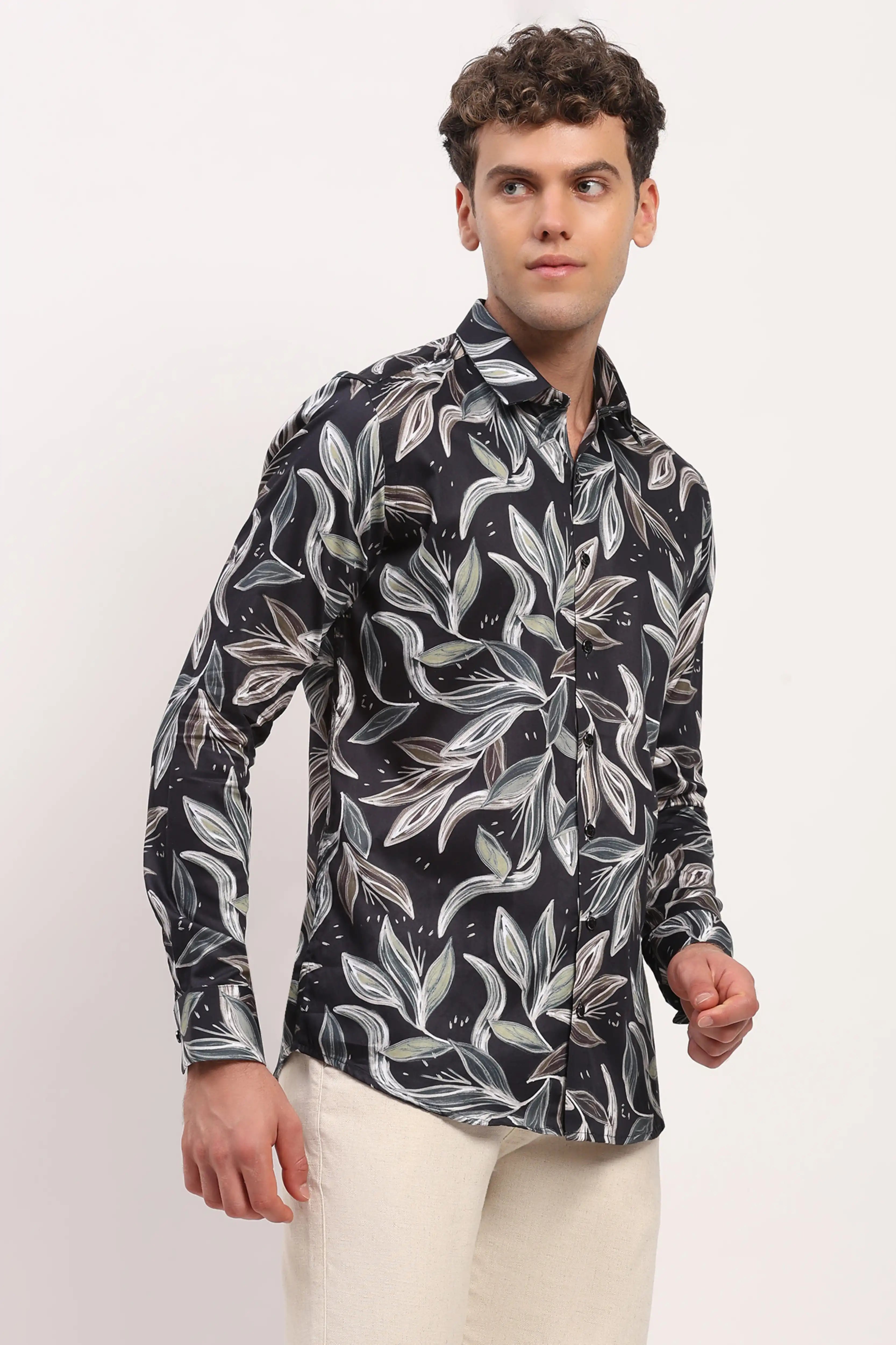 Black Leaf-Print Cotton Shirt