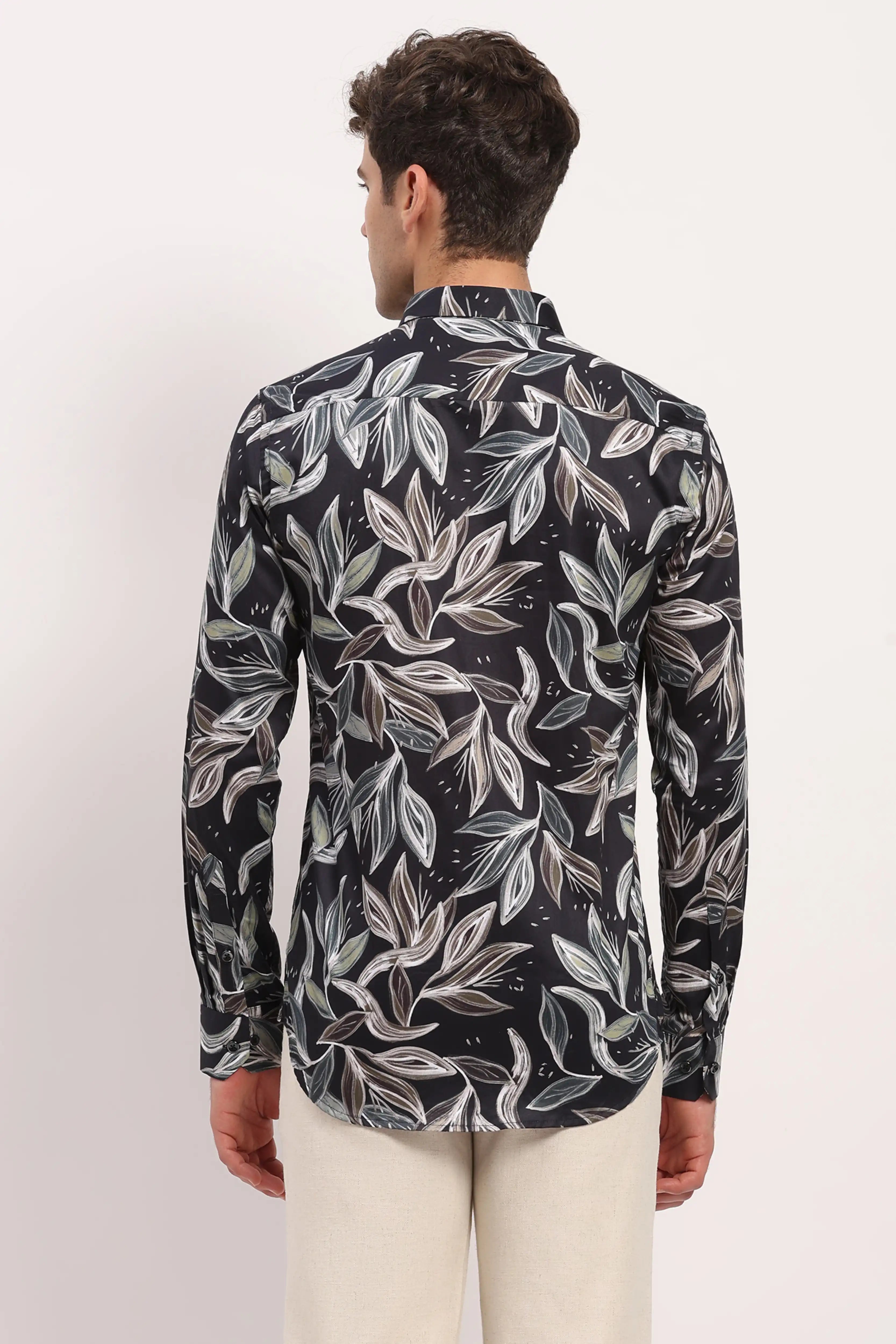 Black Leaf-Print Cotton Shirt