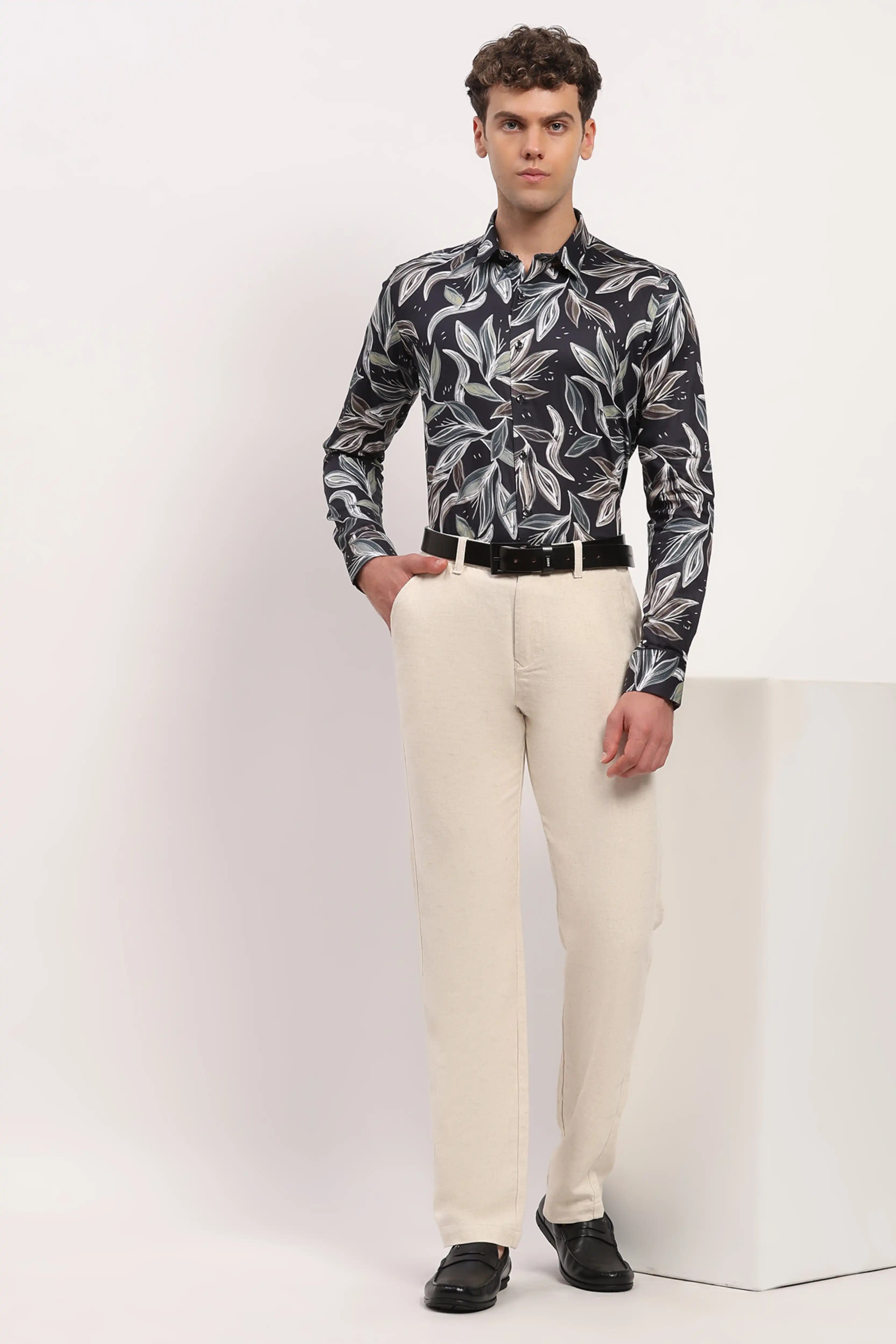 Black Leaf-Print Cotton Shirt