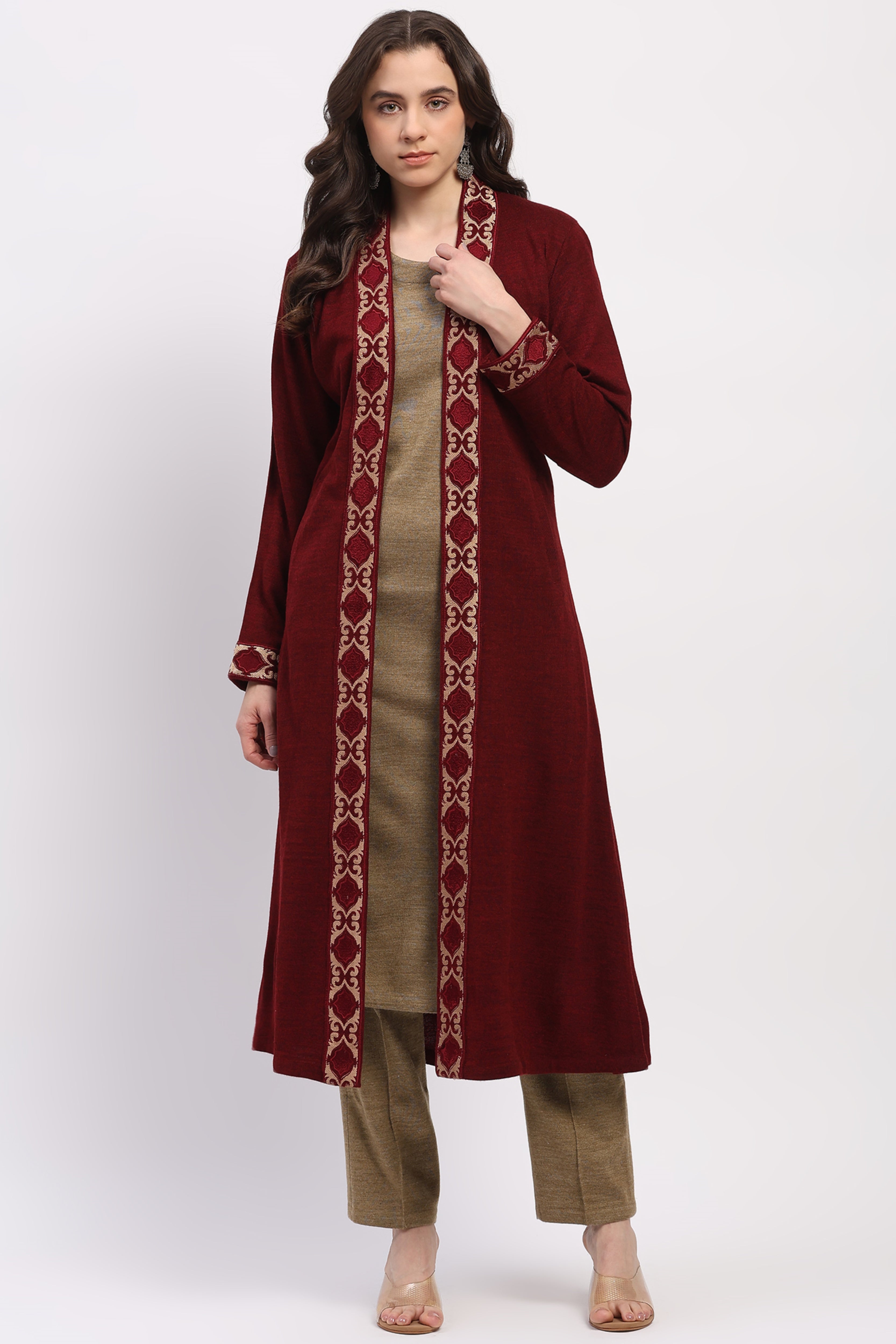 Maroon Embroidered Shrug & Beige Straight Kurta Winter Set