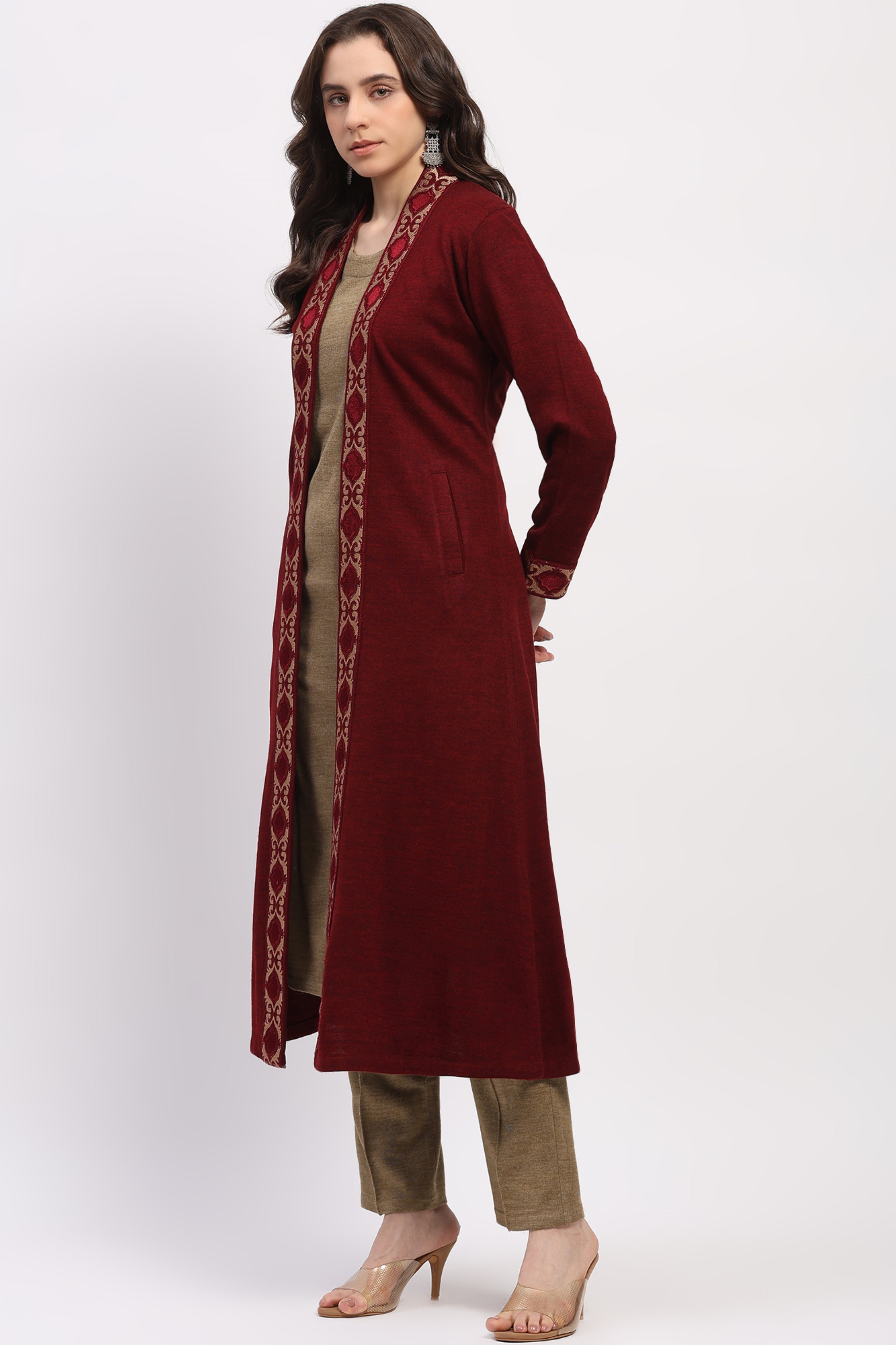 Maroon Embroidered Shrug & Beige Straight Kurta Winter Set