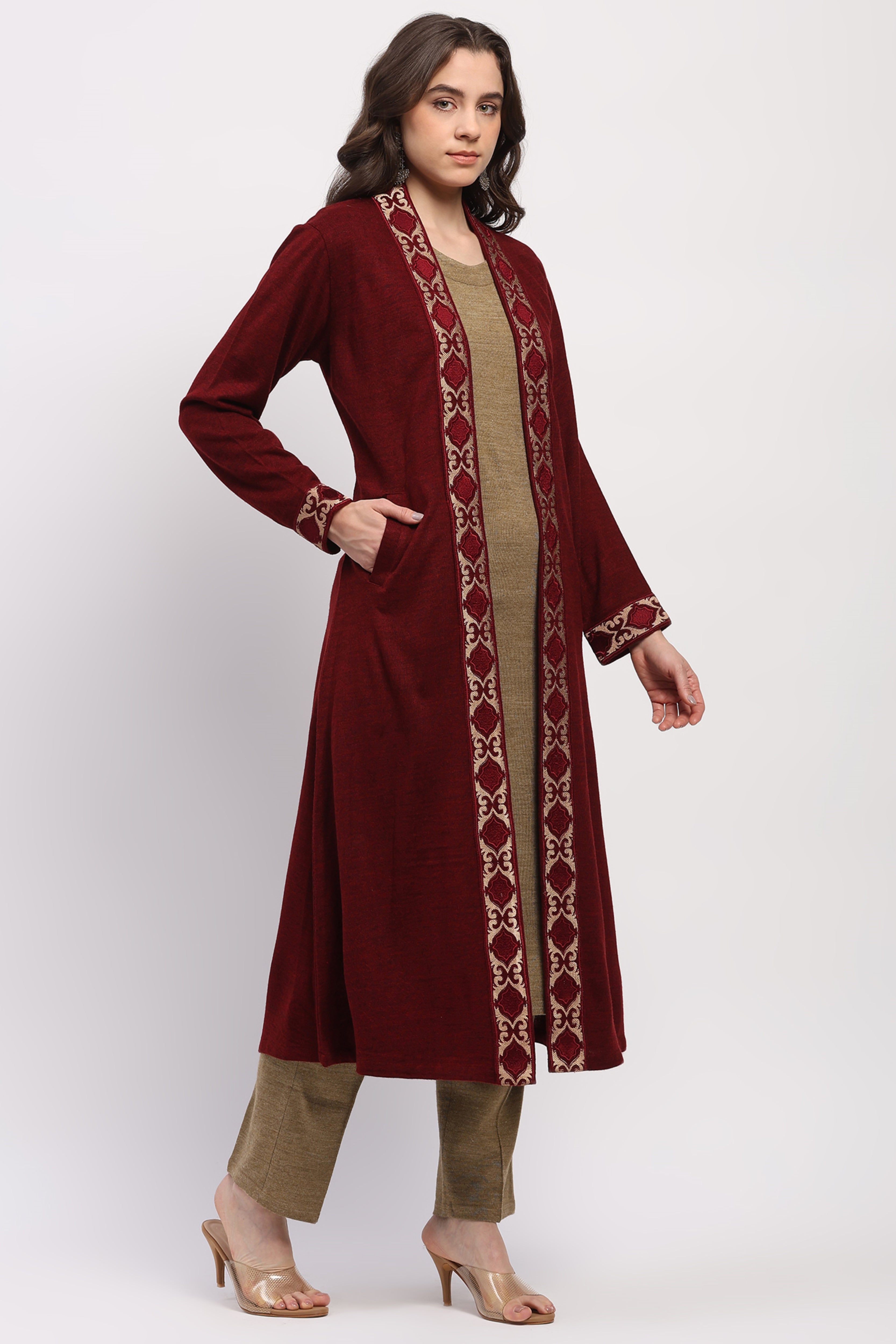 Maroon Embroidered Shrug & Beige Straight Kurta Winter Set