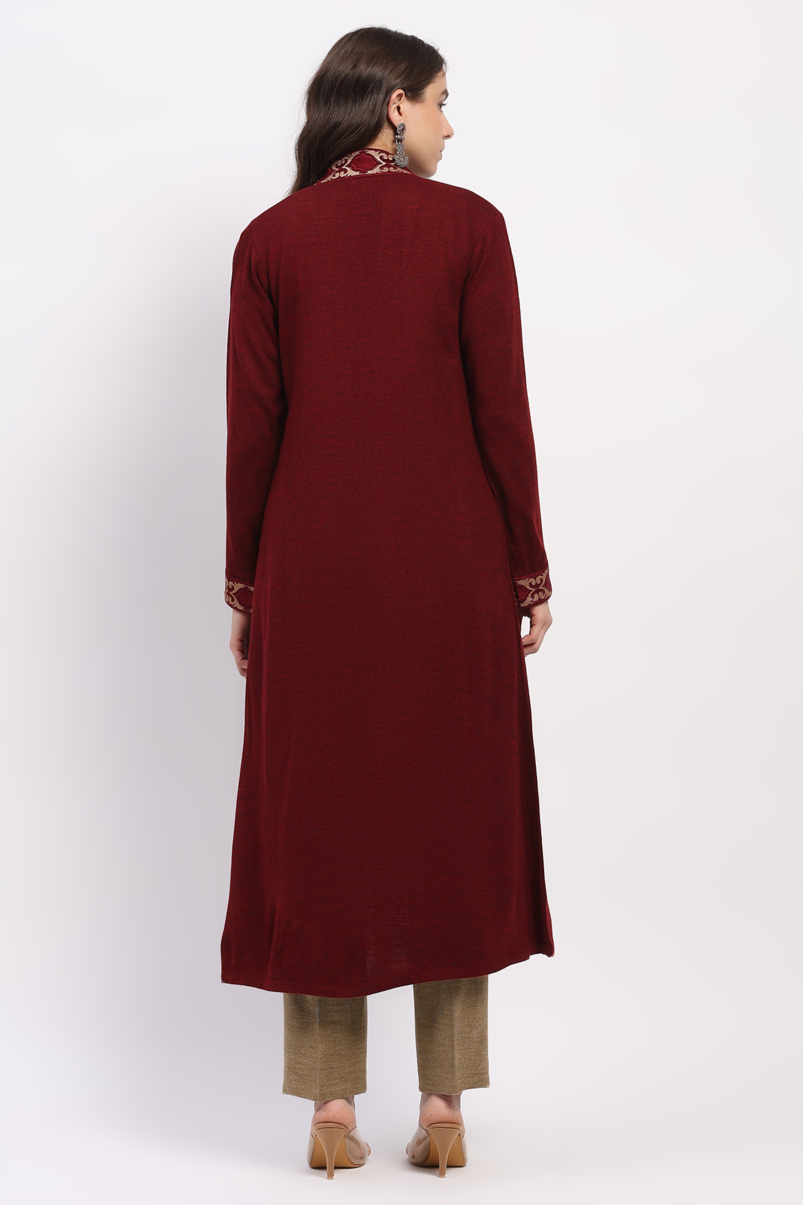 Maroon Embroidered Shrug & Beige Straight Kurta Winter Set