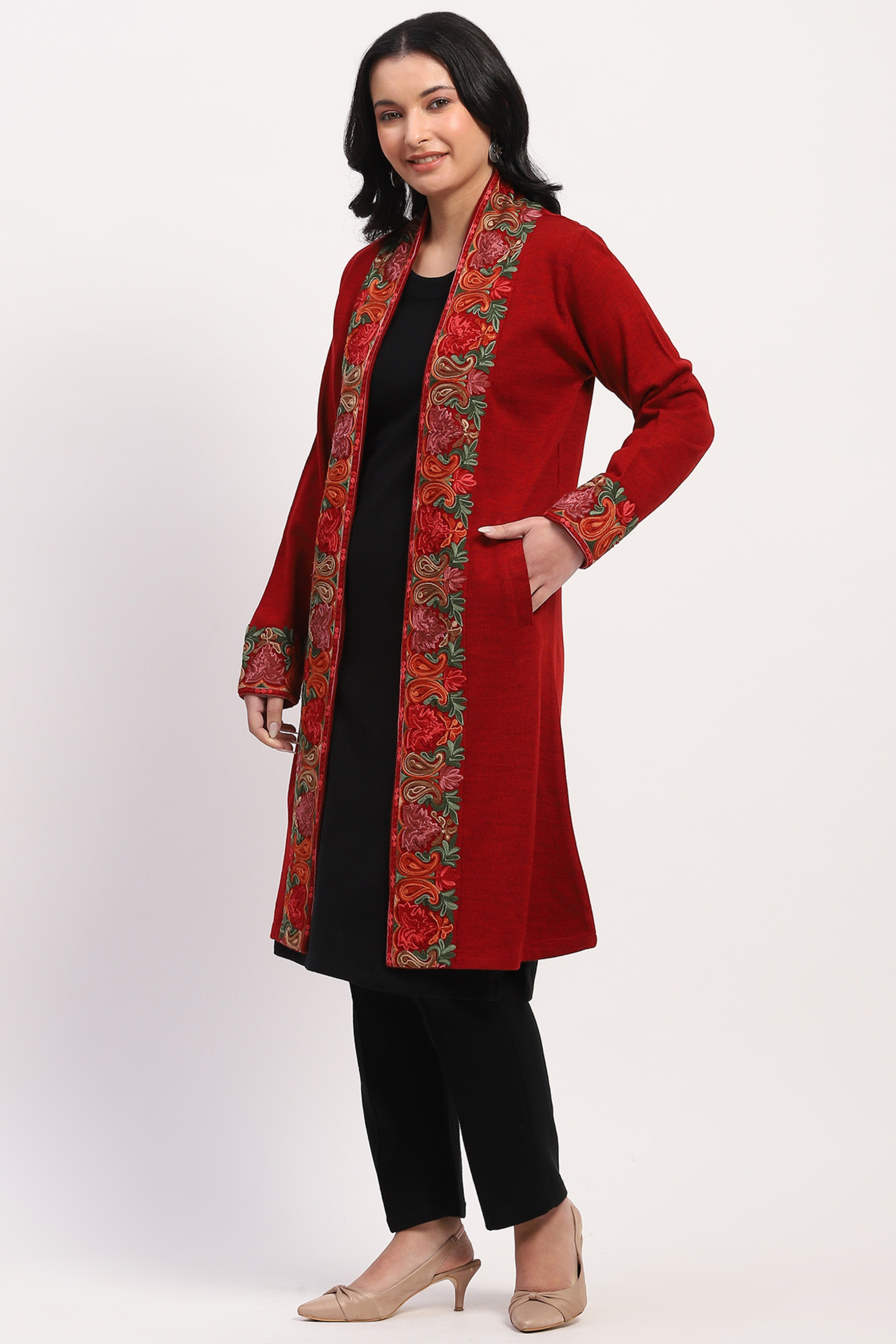 Maroon Embroidered Winter Ethnic Shrug