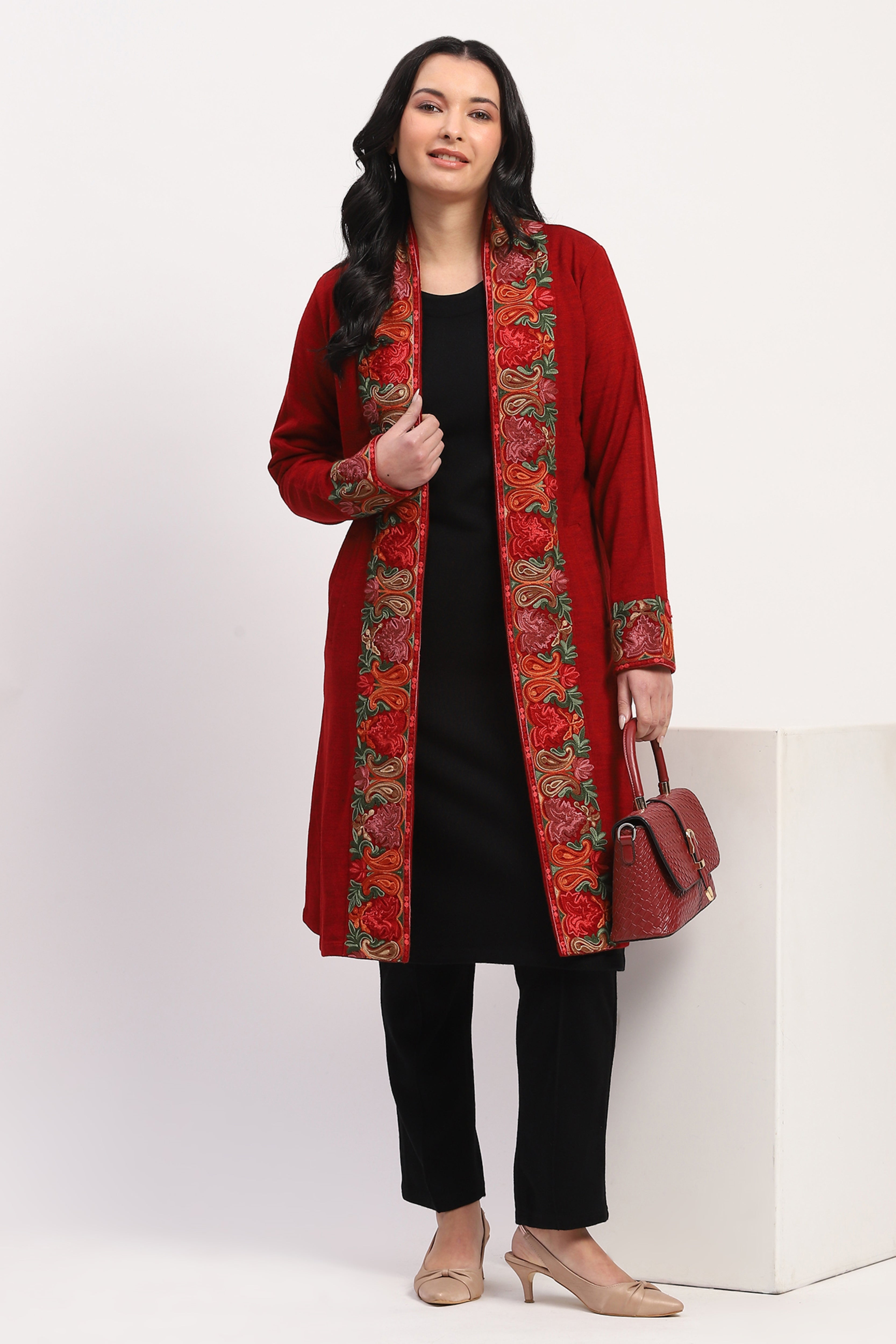 Maroon Embroidered Winter Ethnic Shrug