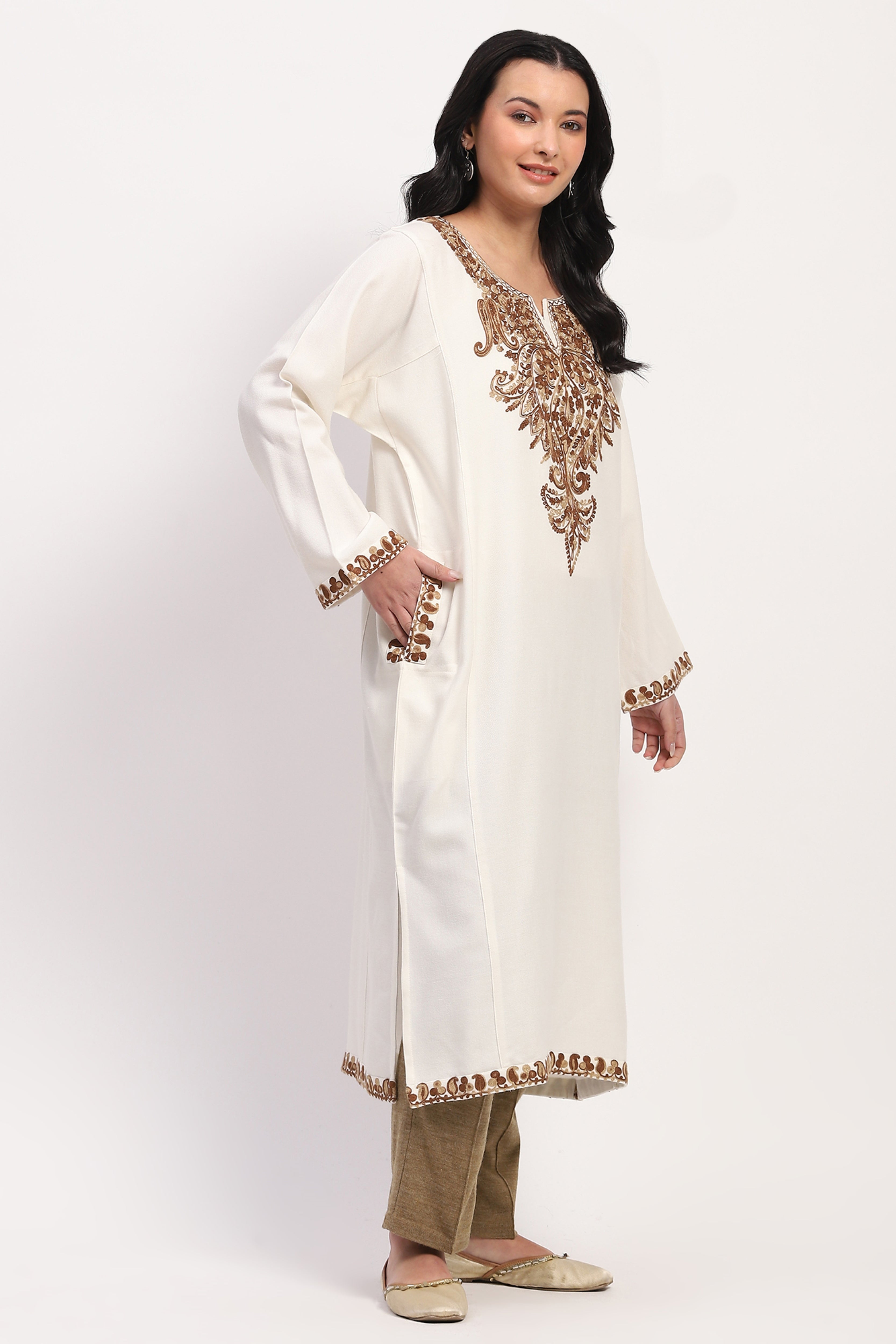 Off-White Embroidered Winter Pheran