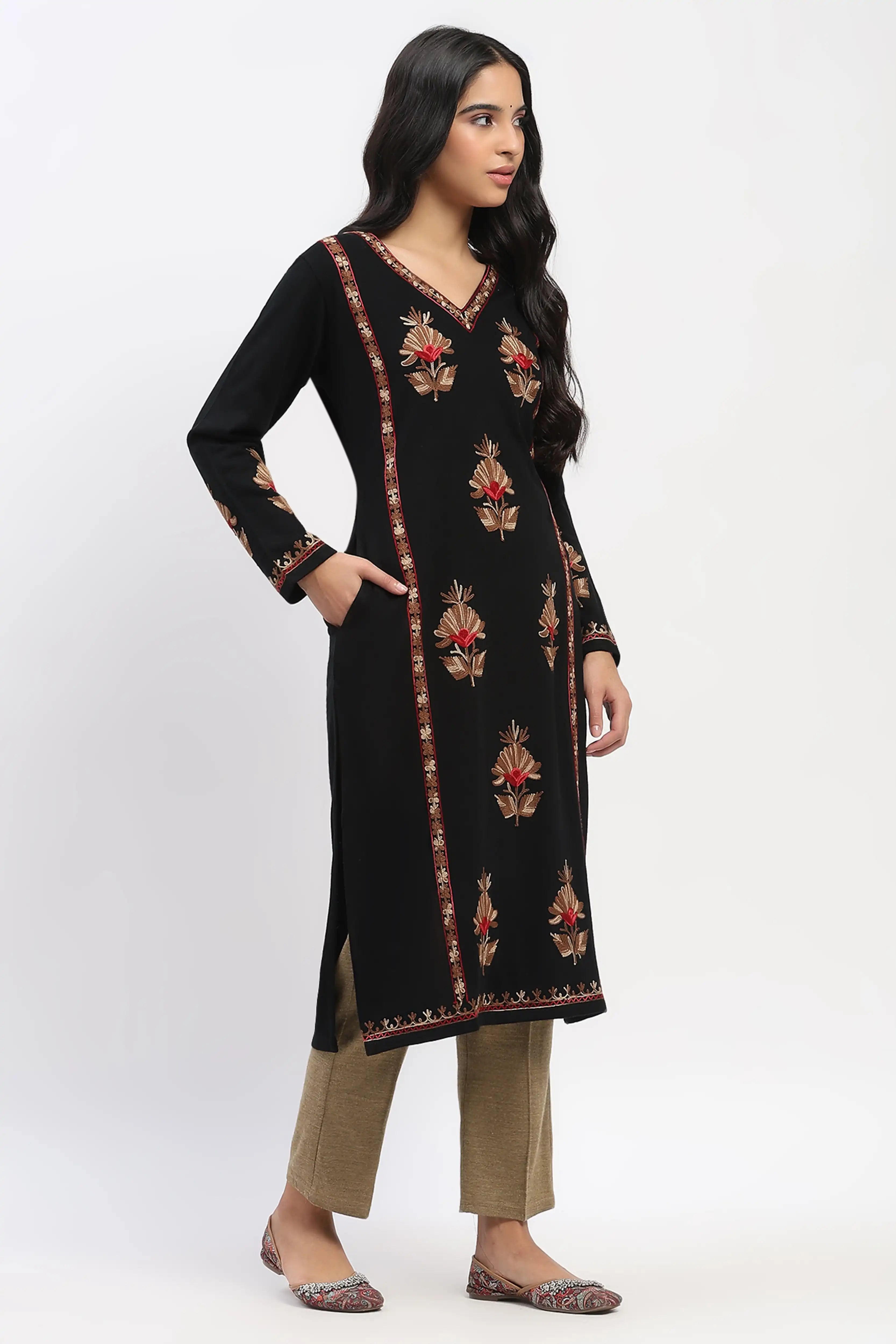 Black Embroidered Winter Kurta