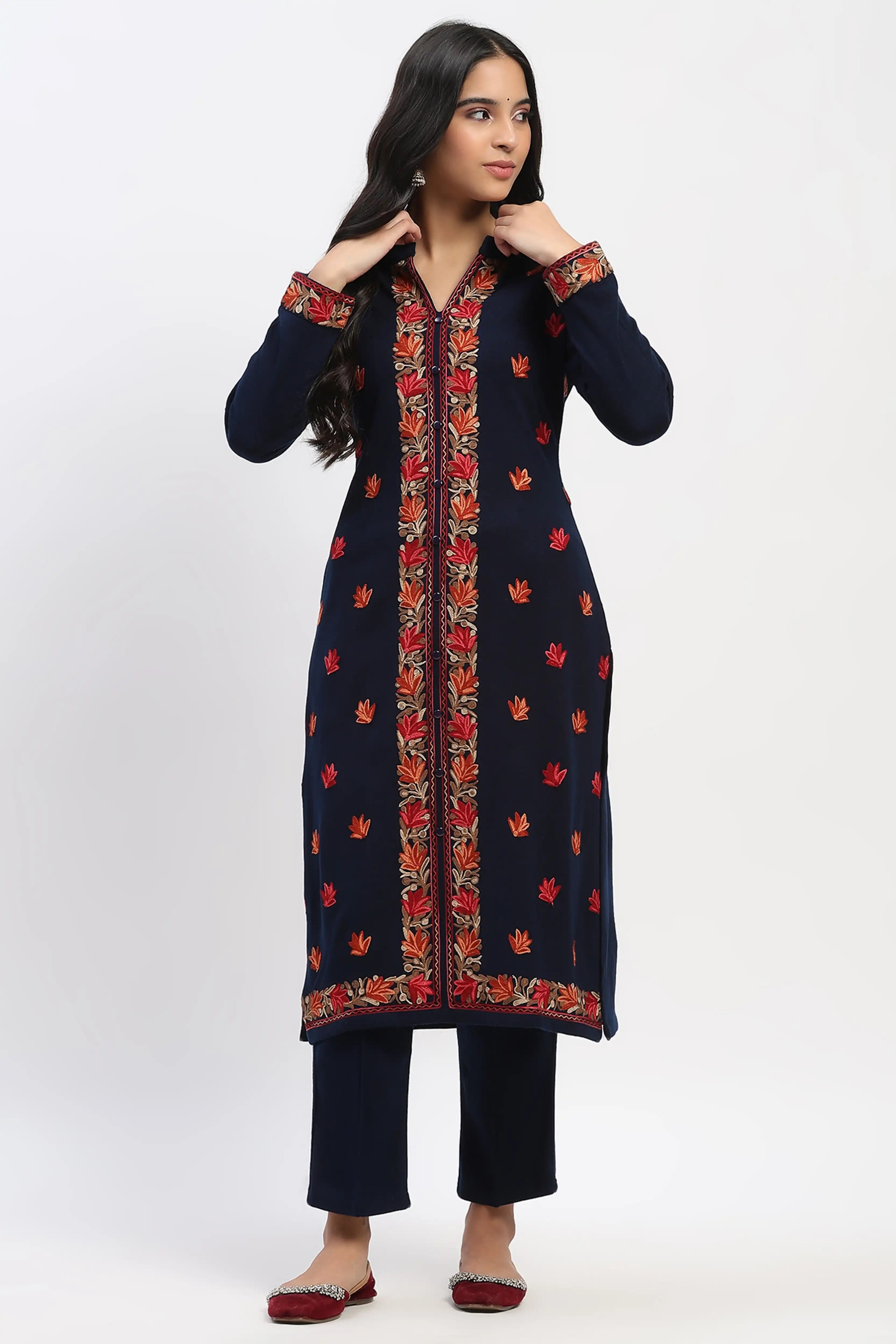 Navy Floral Embroidered Winter Kurta
