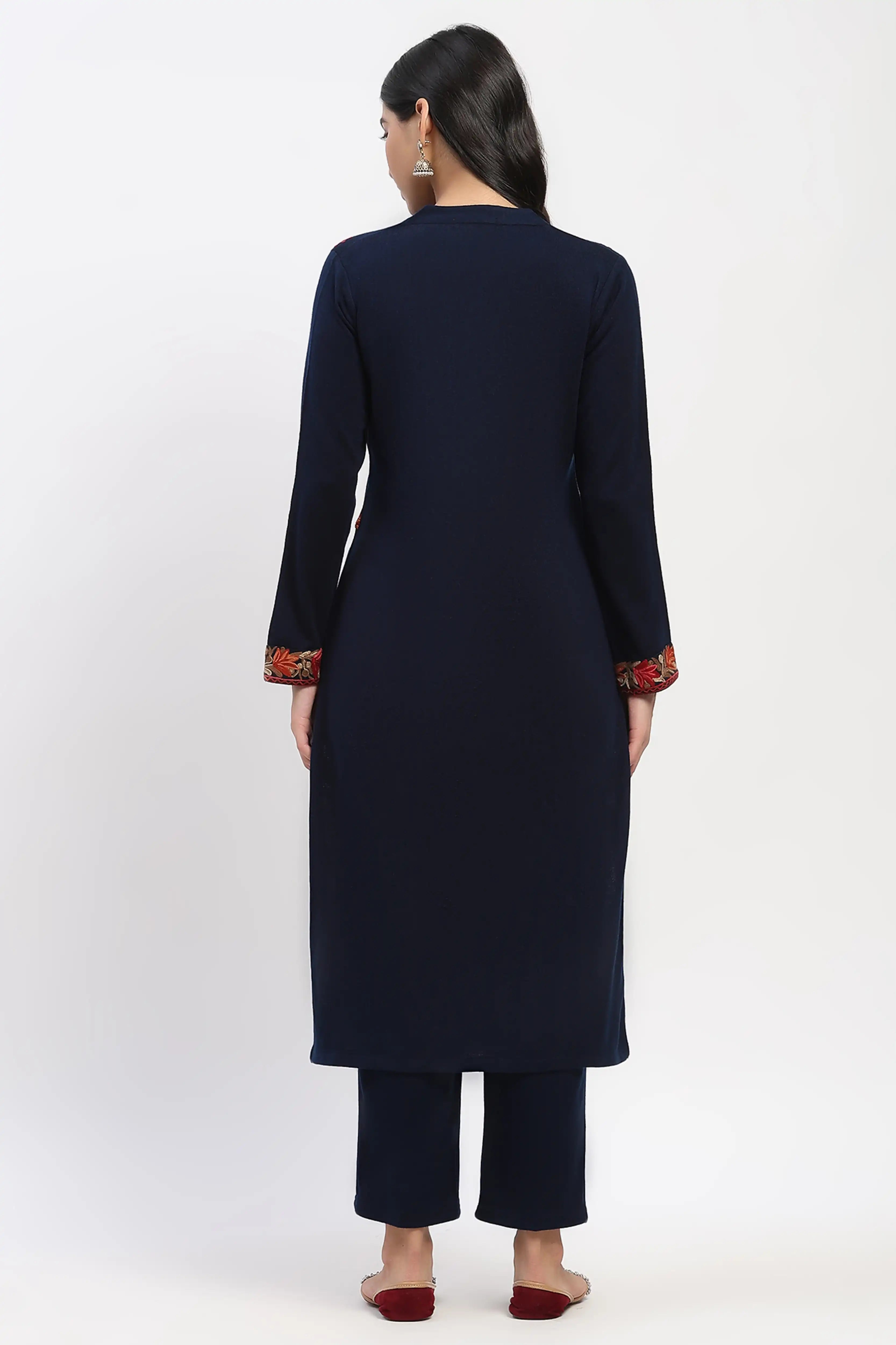 Navy Floral Embroidered Winter Kurta