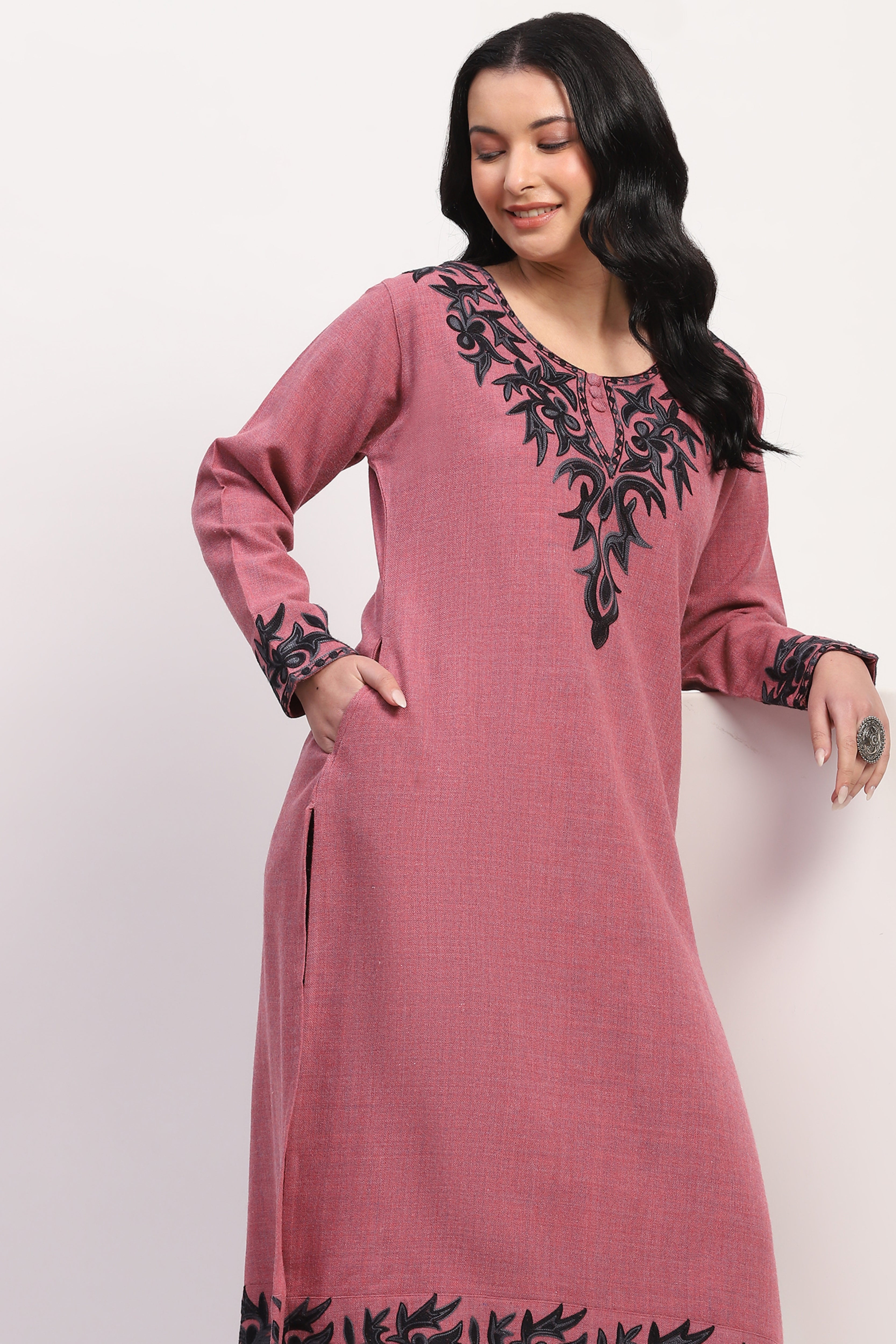Pink Embroidered Winter Kurta